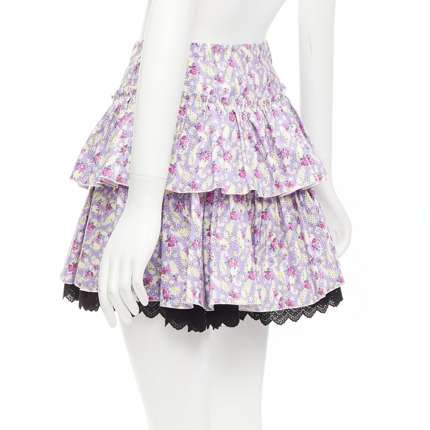 Marc Jacobs MARC JACOBS Mini Prairie Skirt purple floral print black lace trim tiered US0 XS Size 26" / US 2 / IT 38 - 6 Thumbnail