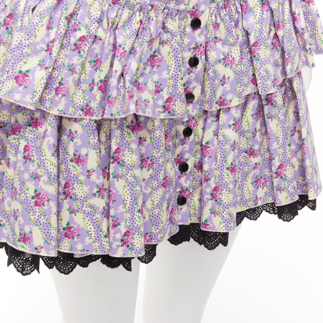 Marc Jacobs MARC JACOBS Mini Prairie Skirt purple floral print black lace trim tiered US0 XS Size 26" / US 2 / IT 38 - 2 Thumbnail