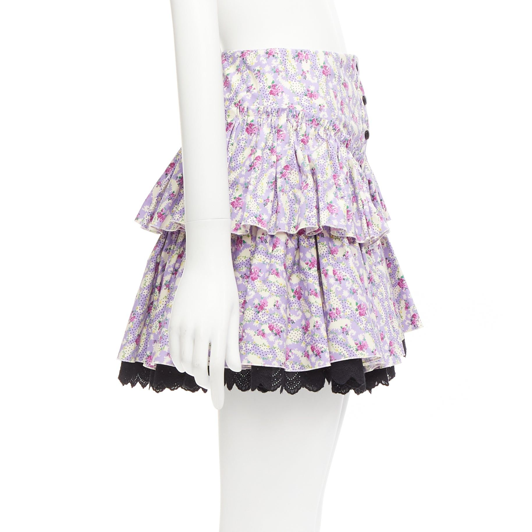 Marc Jacobs MARC JACOBS Mini Prairie Skirt purple floral print black lace trim tiered US0 XS Size 26" / US 2 / IT 38 - 4 Thumbnail