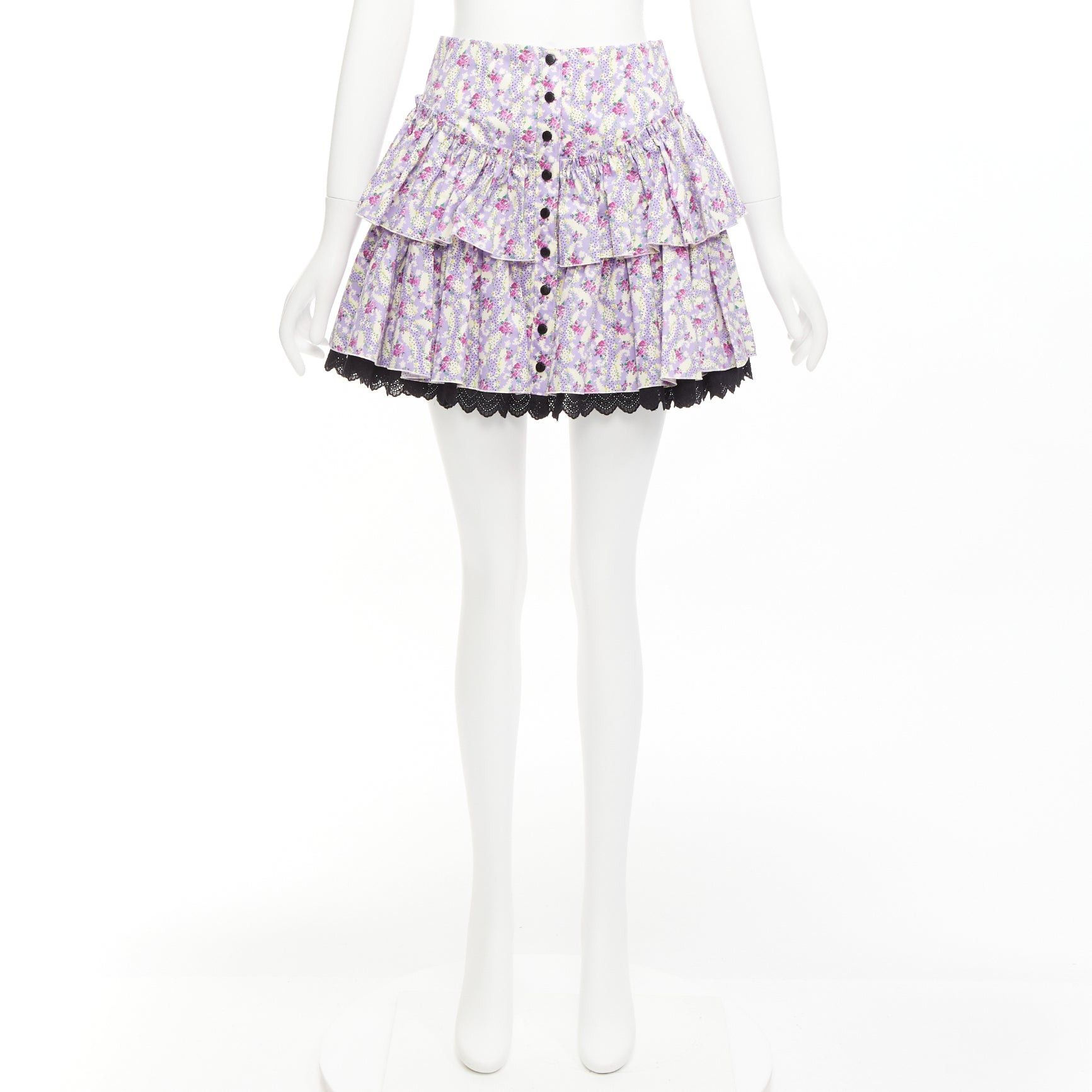 Marc Jacobs MARC JACOBS Mini Prairie Skirt purple floral print black lace trim tiered US0 XS Size 26" / US 2 / IT 38 - 9 Thumbnail