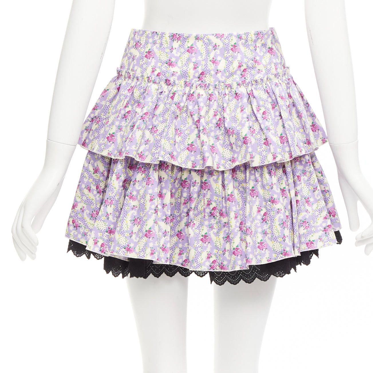 Marc Jacobs MARC JACOBS Mini Prairie Skirt purple floral print black lace trim tiered US0 XS Size 26" / US 2 / IT 38 - 5 Thumbnail