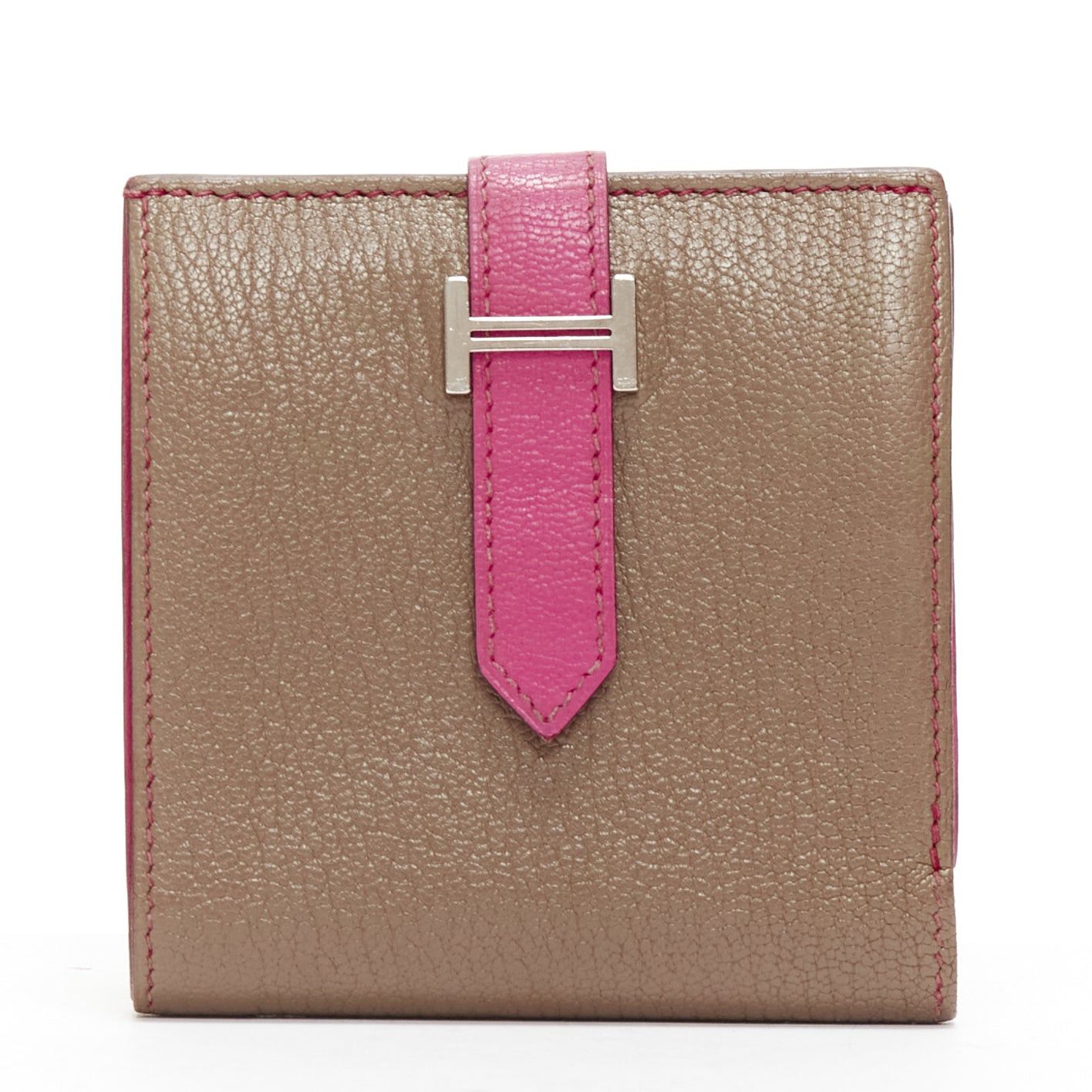Hermes HERMES Bearn taupe pink leather H logo strap bifold square wallet Size ONE SIZE - 3 Thumbnail