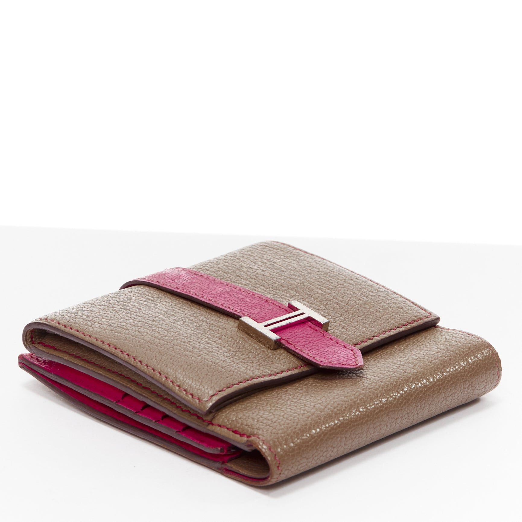Hermes HERMES Bearn taupe pink leather H logo strap bifold square wallet Size ONE SIZE - 4 Thumbnail