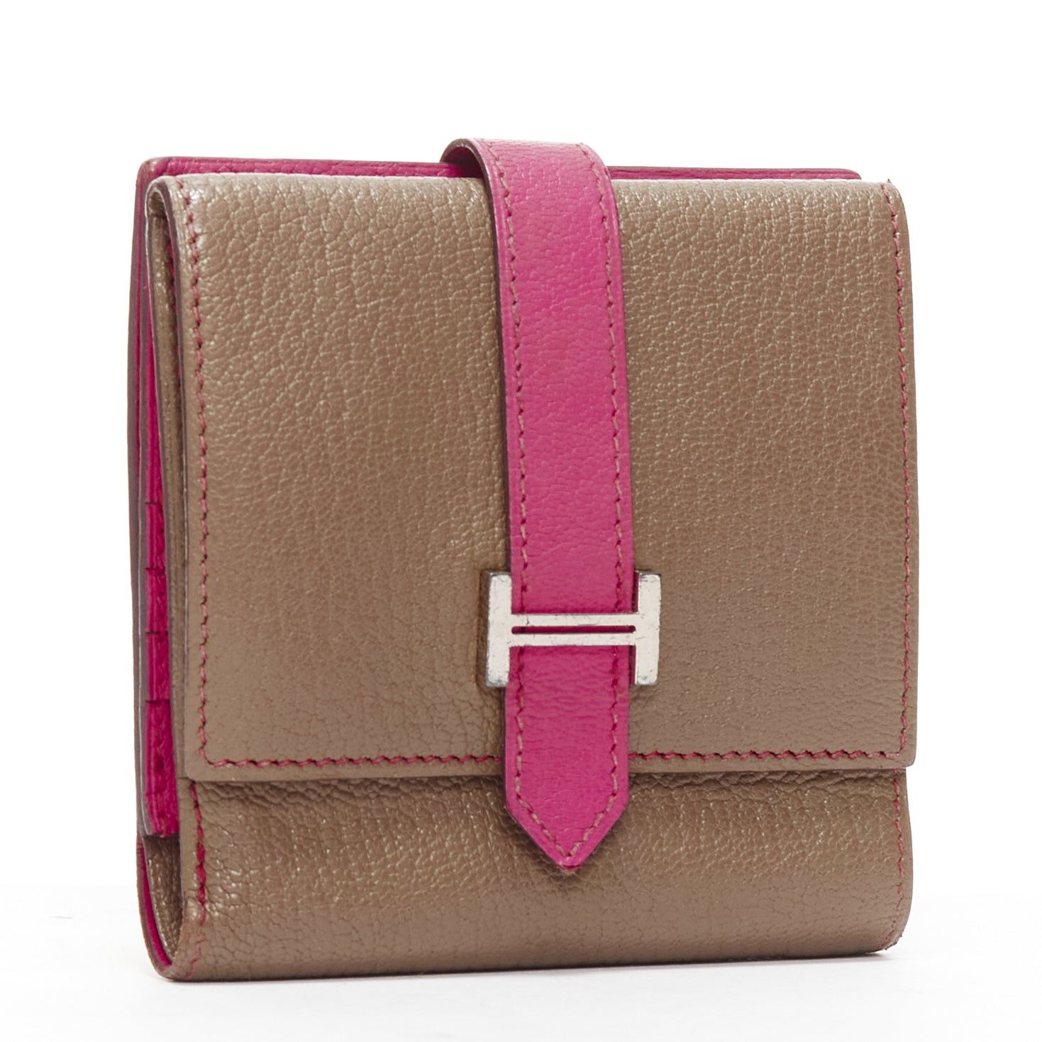 Hermes HERMES Bearn taupe pink leather H logo strap bifold square wallet Size ONE SIZE - 2 Thumbnail
