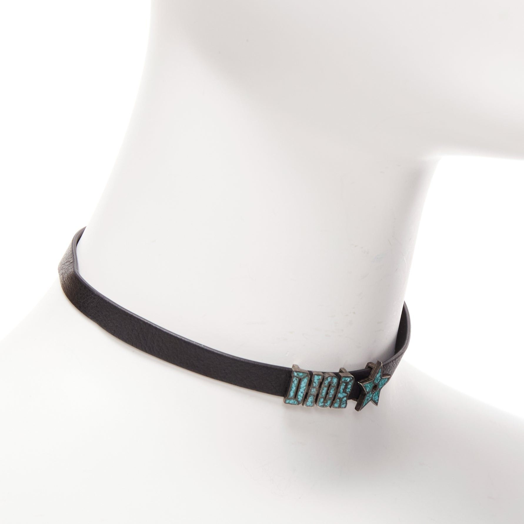 Dior CHRISTIAN DIOR blue marble logo star charm black leather short choker Size ONE SIZE - 3 Thumbnail