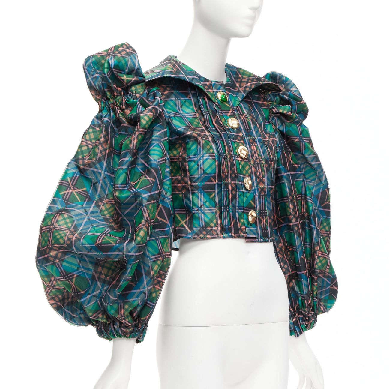 Chopova Lowena CHOPOVA LOWENA green plaid tartan gold textured button puff sleeve crop shirt S Size S / US 4 / IT 40 - 4 Thumbnail