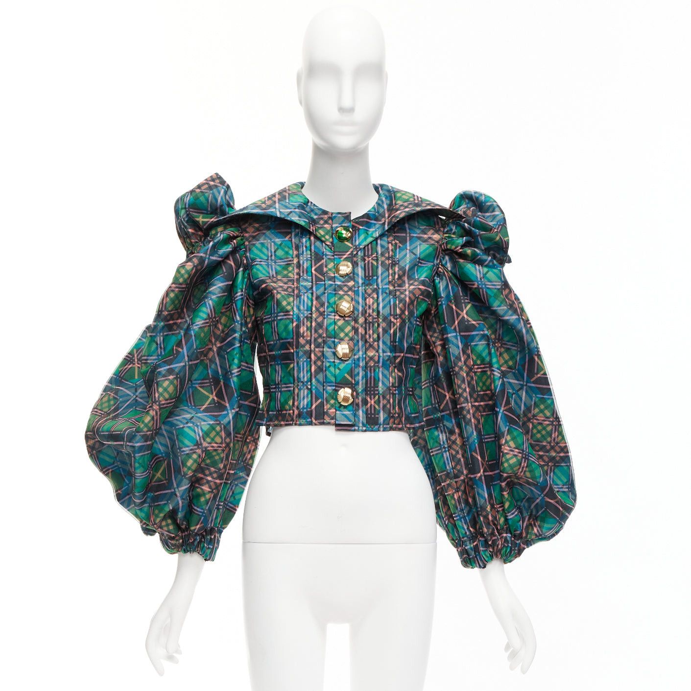 Chopova Lowena CHOPOVA LOWENA green plaid tartan gold textured button puff sleeve crop shirt S Size S / US 4 / IT 40 - 10 Thumbnail
