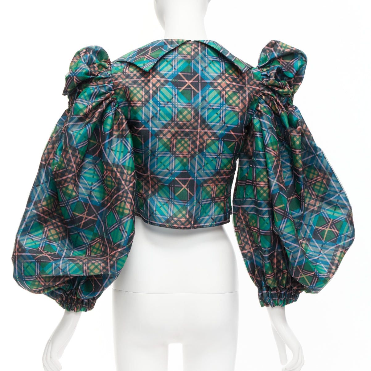 Chopova Lowena CHOPOVA LOWENA green plaid tartan gold textured button puff sleeve crop shirt S Size S / US 4 / IT 40 - 6 Thumbnail