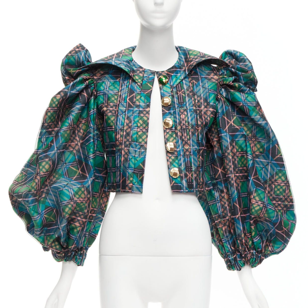 Chopova Lowena CHOPOVA LOWENA green plaid tartan gold textured button puff sleeve crop shirt S Size S / US 4 / IT 40 - 3 Thumbnail