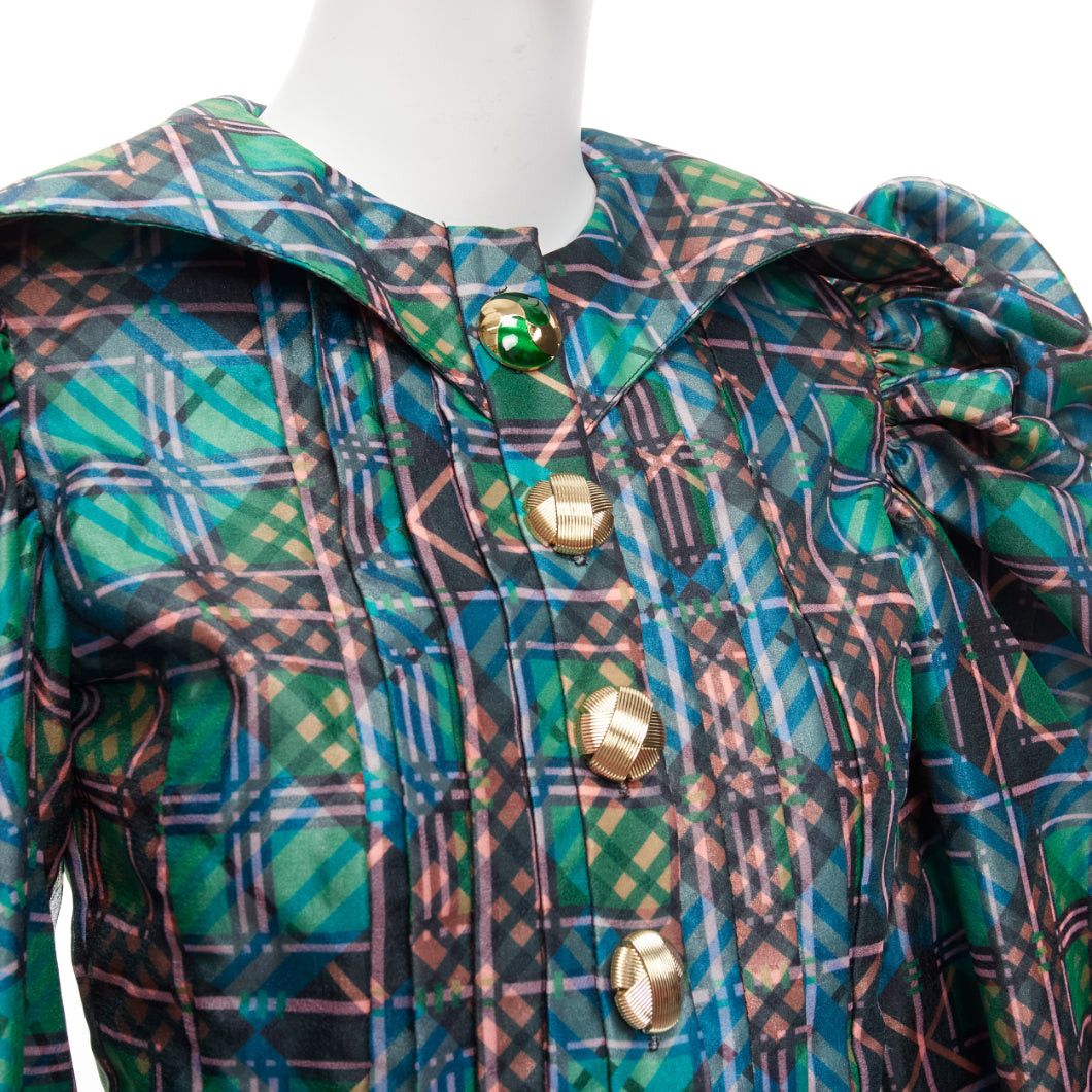 Chopova Lowena CHOPOVA LOWENA green plaid tartan gold textured button puff sleeve crop shirt S Size S / US 4 / IT 40 - 2 Thumbnail