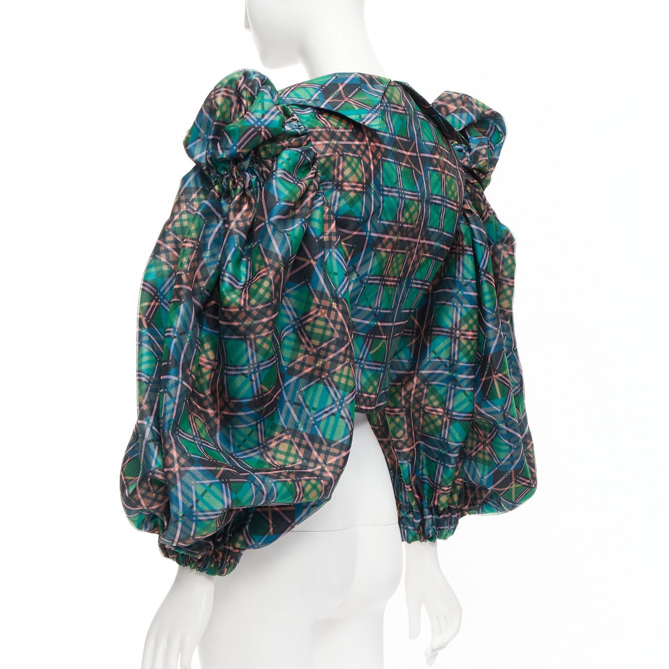 Chopova Lowena CHOPOVA LOWENA green plaid tartan gold textured button puff sleeve crop shirt S Size S / US 4 / IT 40 - 7 Thumbnail