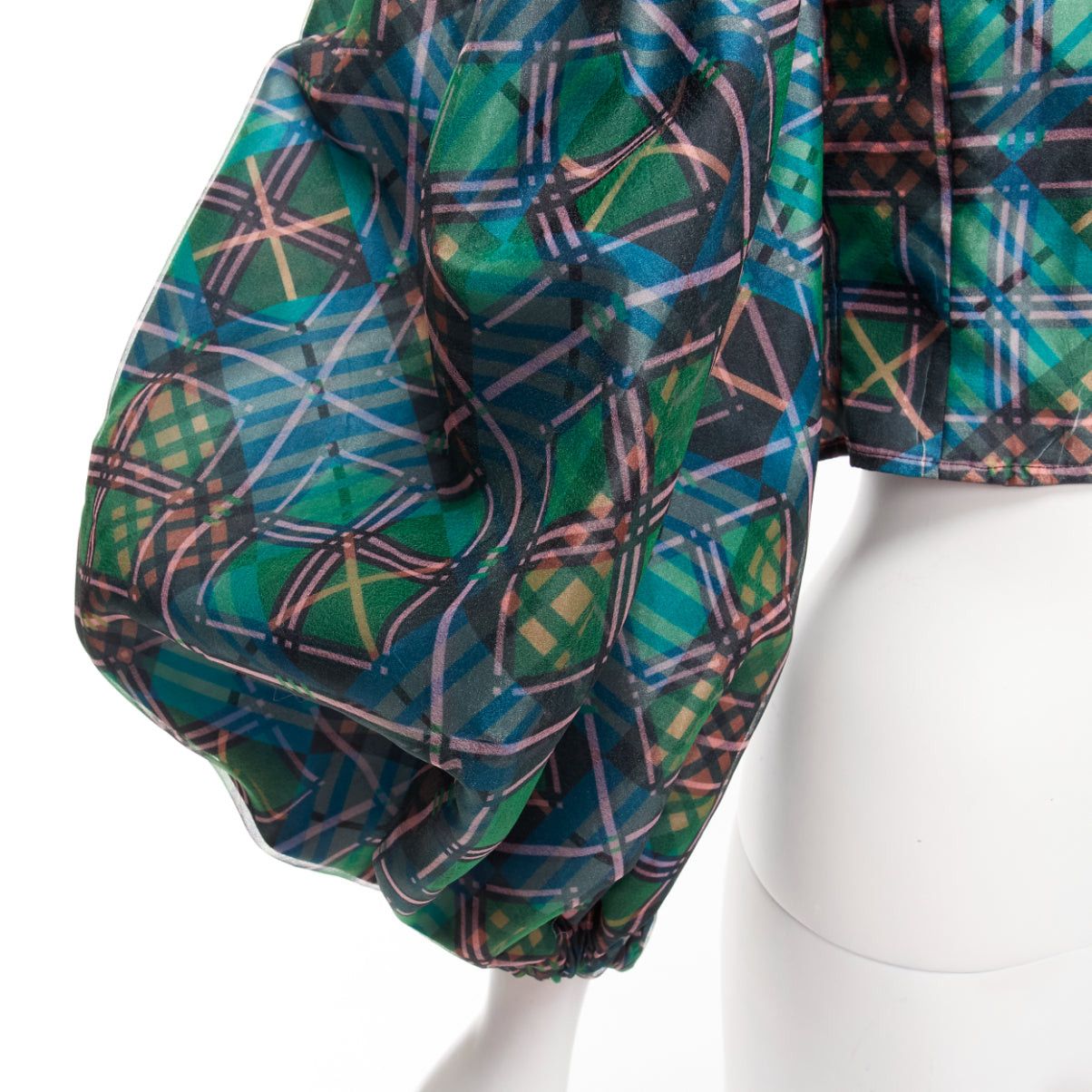 Chopova Lowena CHOPOVA LOWENA green plaid tartan gold textured button puff sleeve crop shirt S Size S / US 4 / IT 40 - 8 Thumbnail