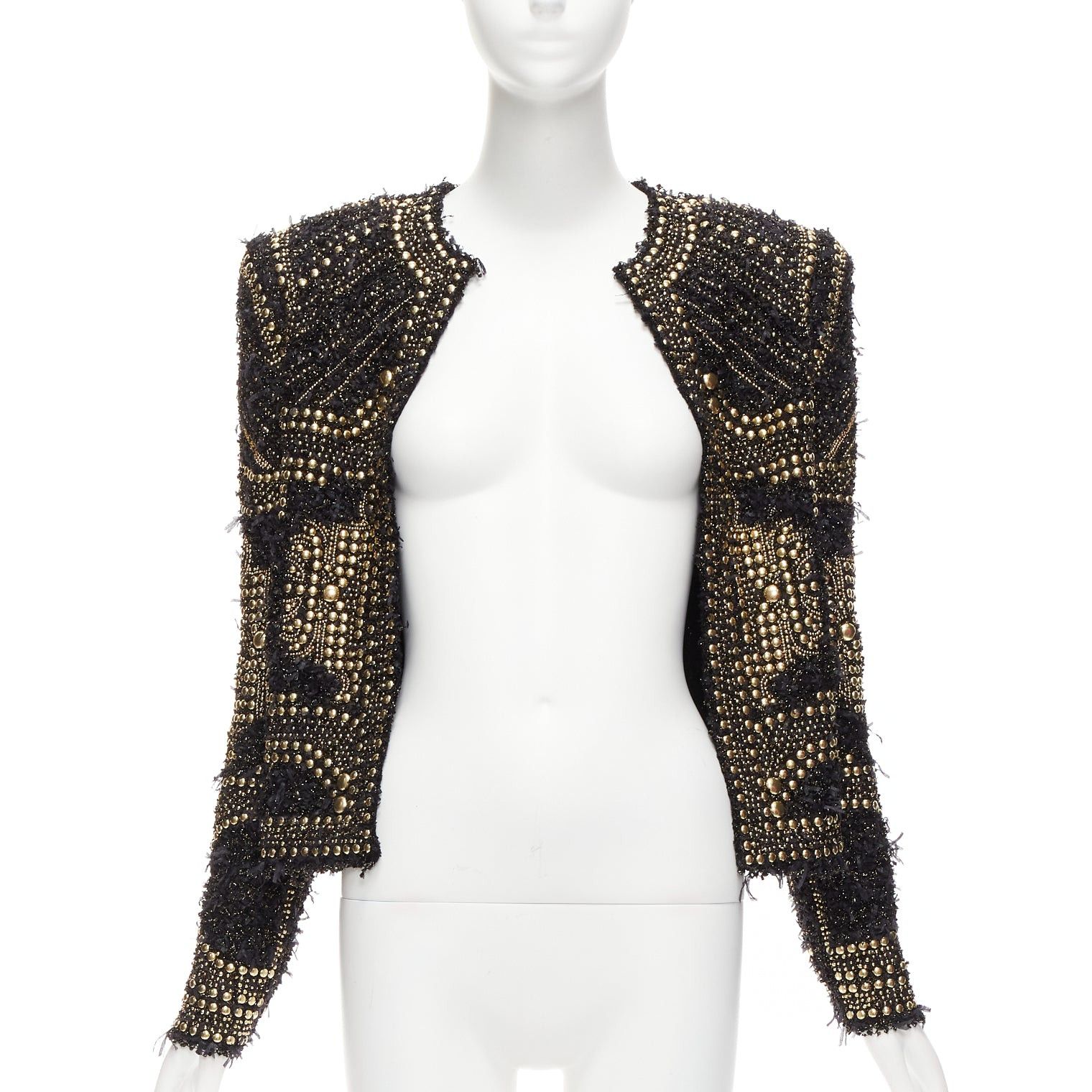 Balmain BALMAIN 2022gold black boucle tweed gold studded power shoulder jacket FR34 XS Size XS / US 0-2 / IT 36-38 - 3 Thumbnail
