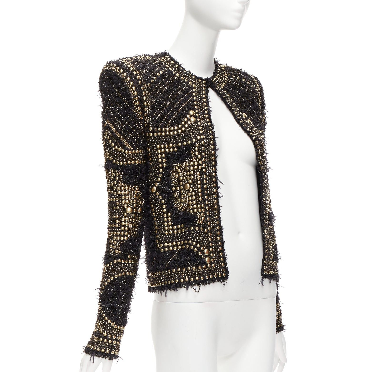 Balmain BALMAIN 2022gold black boucle tweed gold studded power shoulder jacket FR34 XS Size XS / US 0-2 / IT 36-38 - 4 Thumbnail