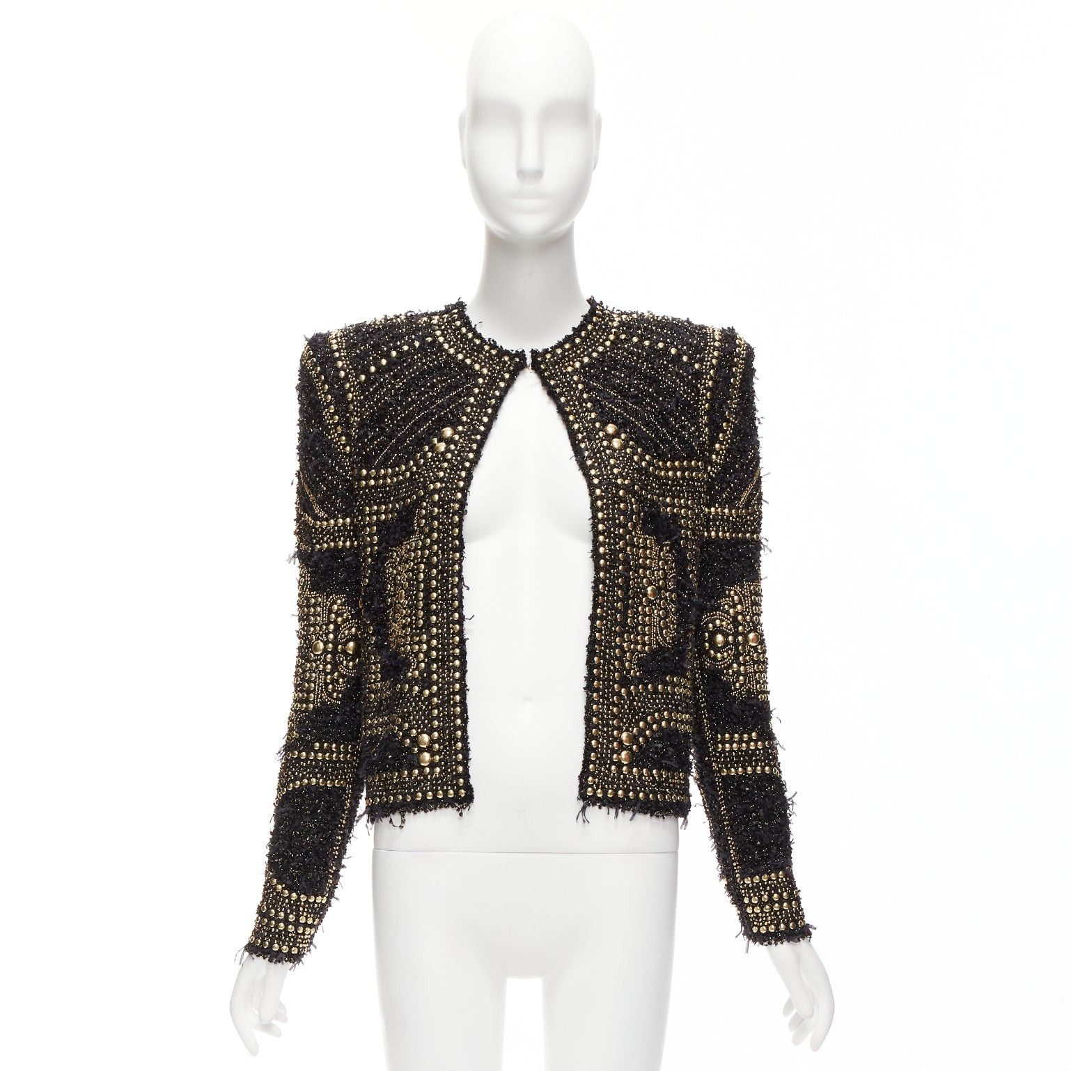 Balmain BALMAIN 2022gold black boucle tweed gold studded power shoulder jacket FR34 XS Size XS / US 0-2 / IT 36-38 - 10 Thumbnail