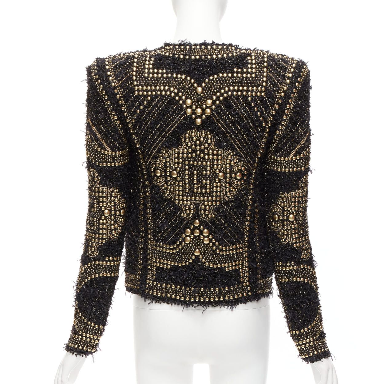 Balmain BALMAIN 2022gold black boucle tweed gold studded power shoulder jacket FR34 XS Size XS / US 0-2 / IT 36-38 - 6 Thumbnail
