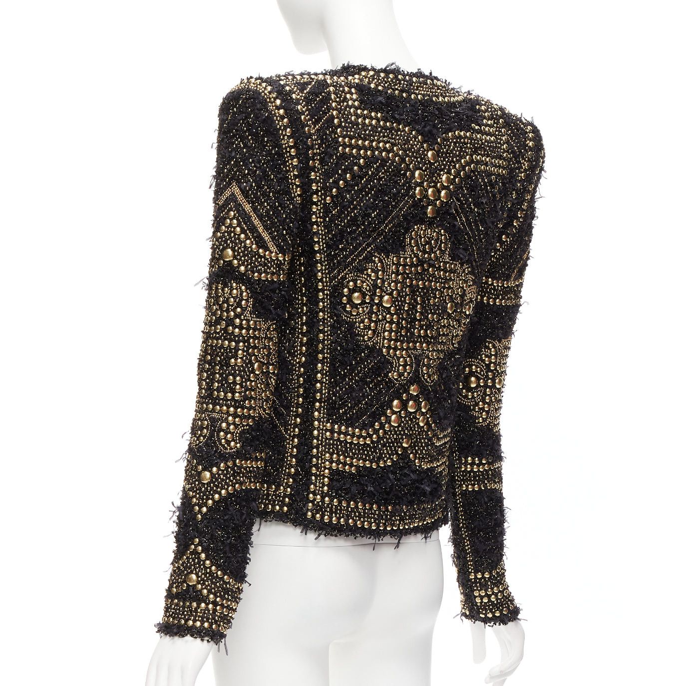 Balmain BALMAIN 2022gold black boucle tweed gold studded power shoulder jacket FR34 XS Size XS / US 0-2 / IT 36-38 - 7 Thumbnail