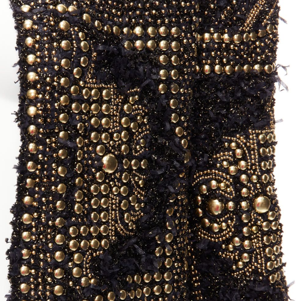 Balmain BALMAIN 2022gold black boucle tweed gold studded power shoulder jacket FR34 XS Size XS / US 0-2 / IT 36-38 - 2 Thumbnail