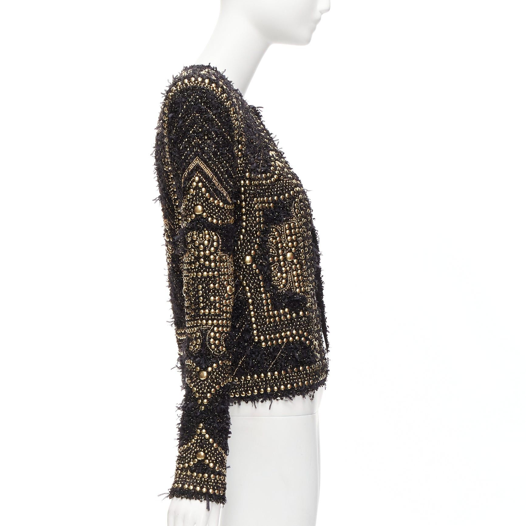Balmain BALMAIN 2022gold black boucle tweed gold studded power shoulder jacket FR34 XS Size XS / US 0-2 / IT 36-38 - 5 Thumbnail