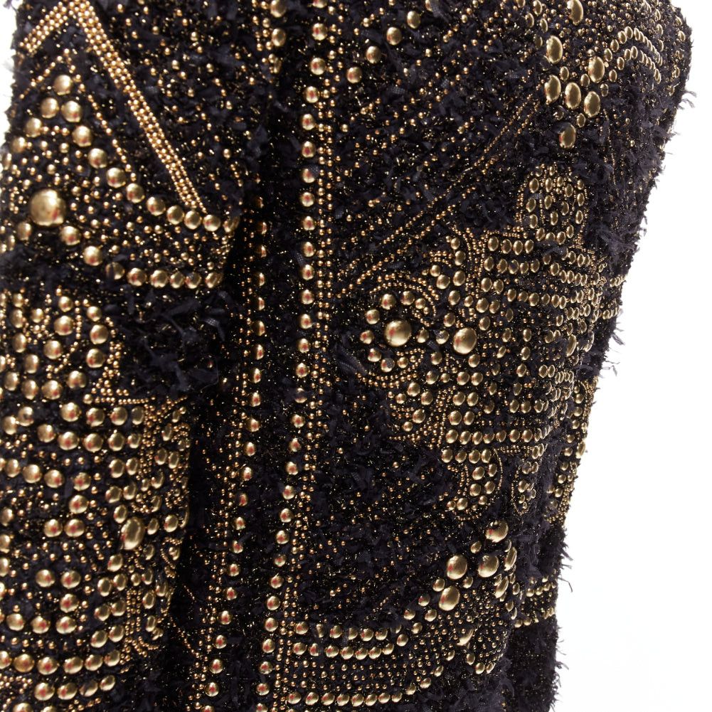Balmain BALMAIN 2022gold black boucle tweed gold studded power shoulder jacket FR34 XS Size XS / US 0-2 / IT 36-38 - 8 Thumbnail
