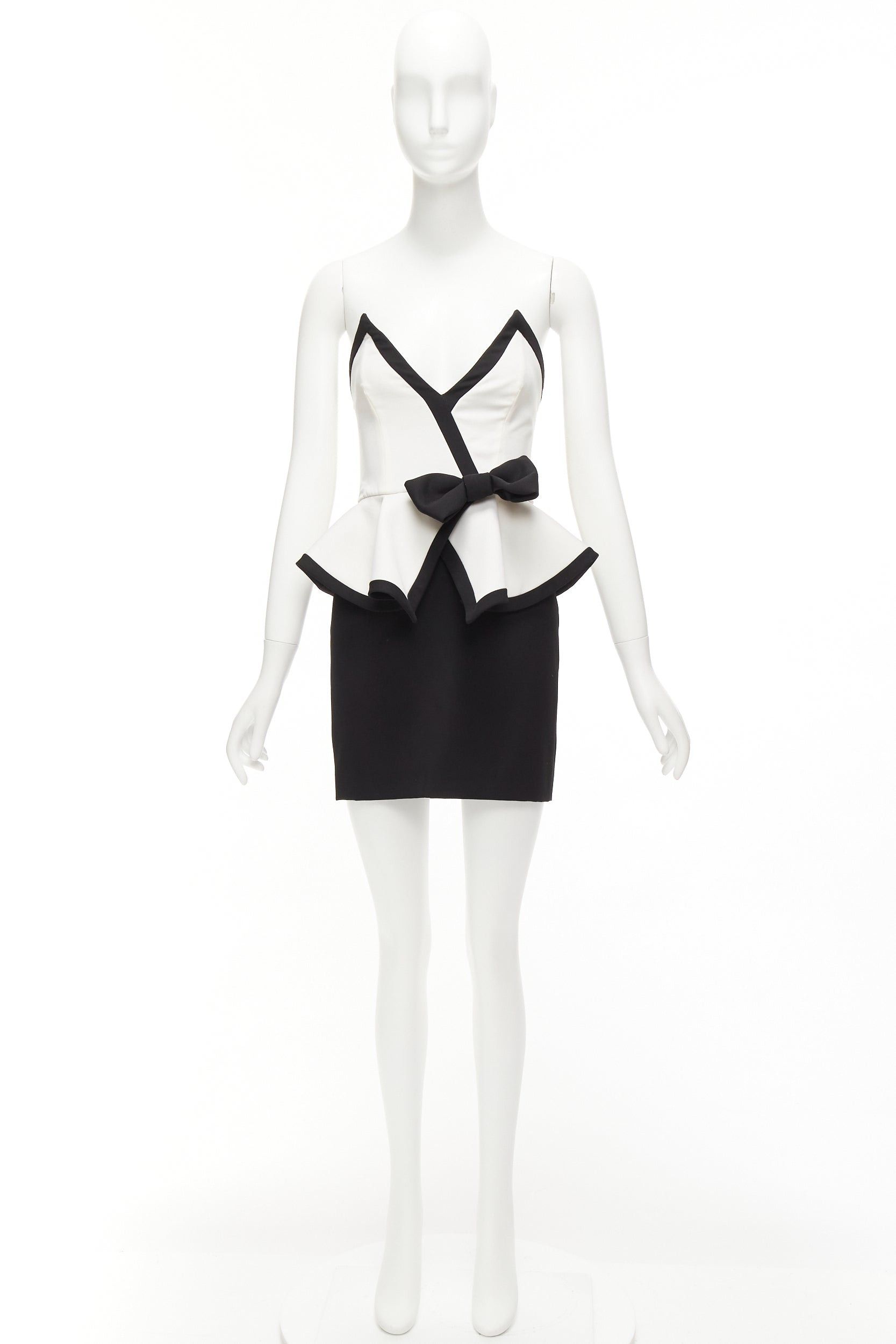 Alessandra Rich ALESSANDRA RICH black white graphic colorblocked peplum cocktail dress IT38 XS Size XS / US 0-2 / IT 36-38 - 9 Thumbnail