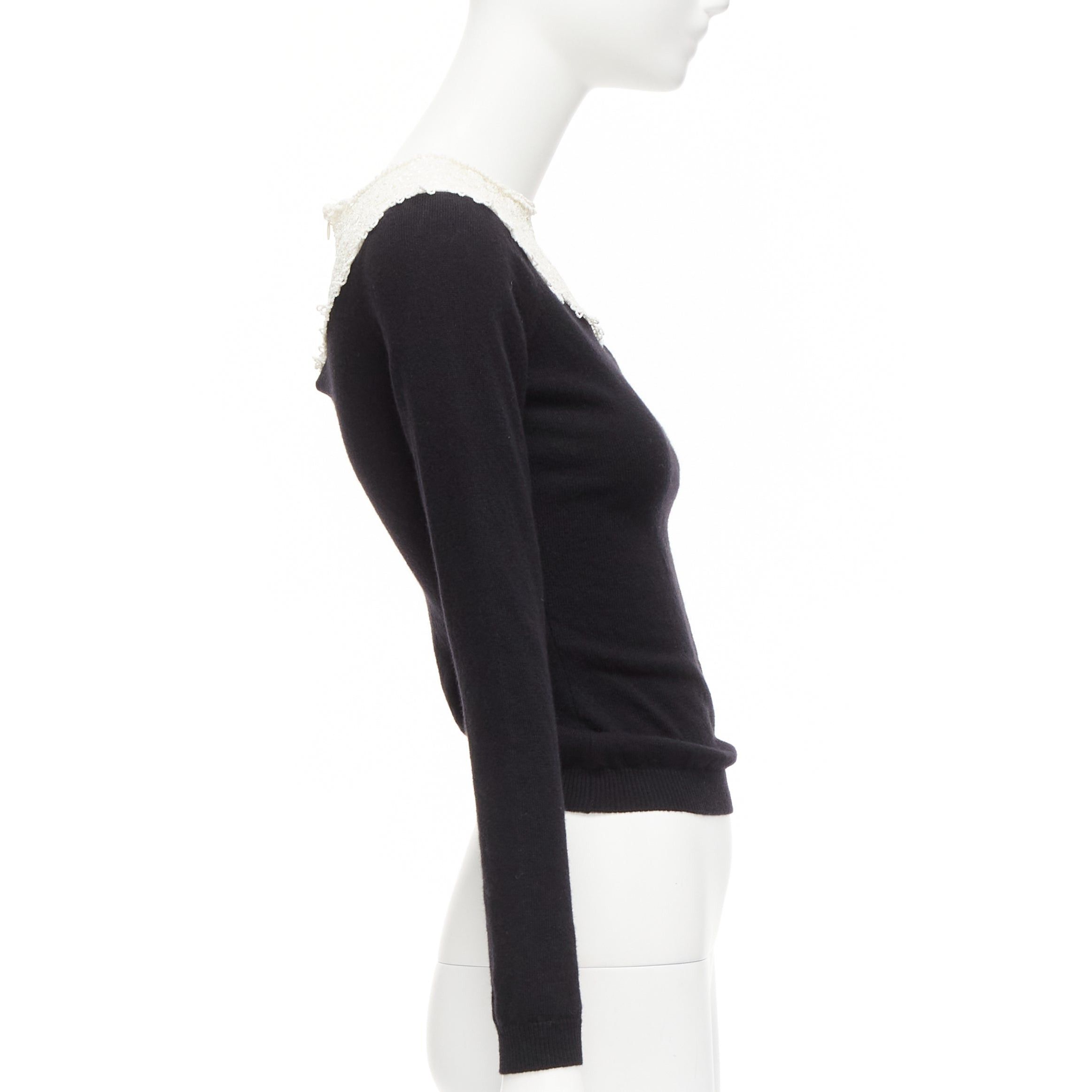 Valentino VALENTINO black cream beaded lace collar virgin wool cashmere crop sweater XS Size S / US 4 / IT 40 - 4 Thumbnail