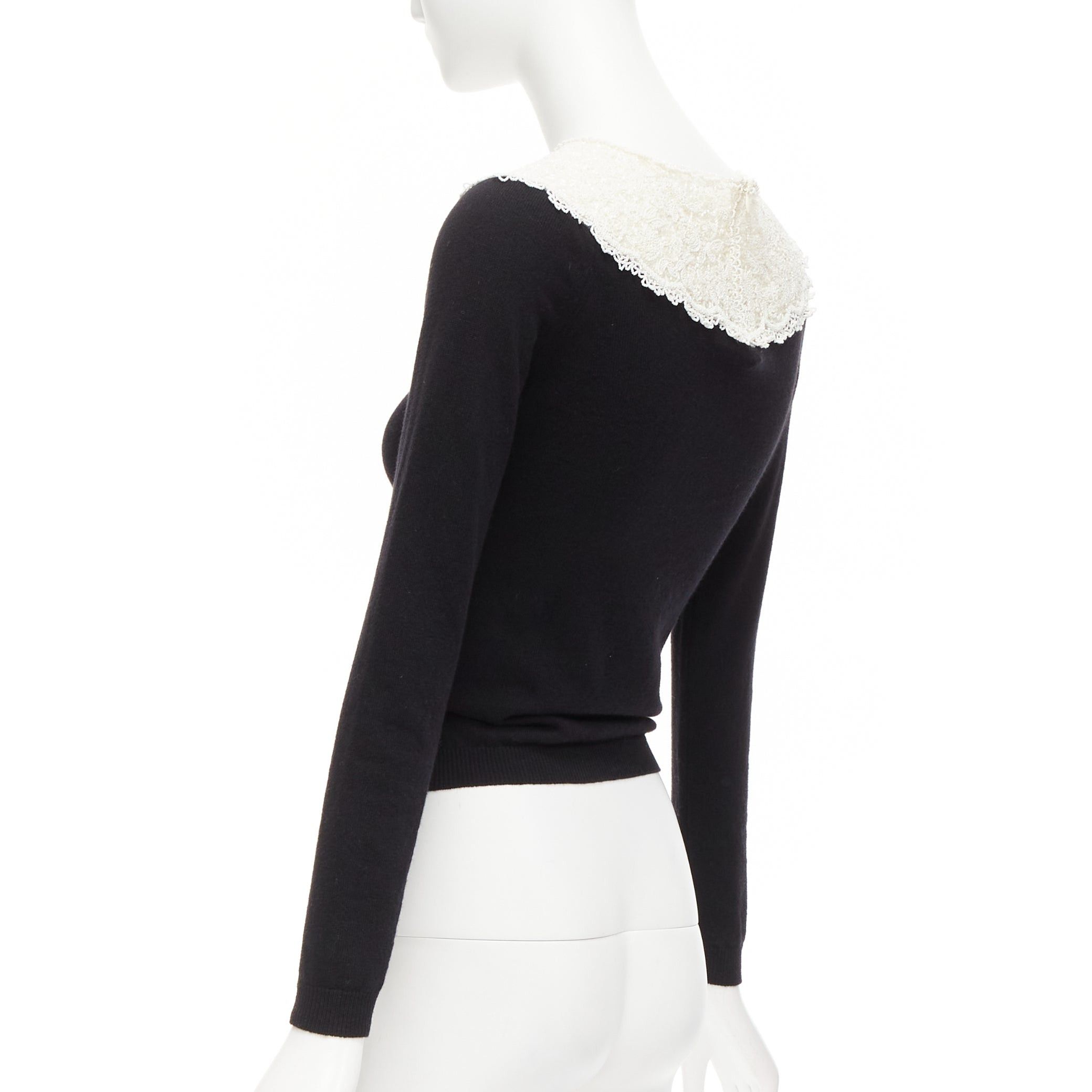 Valentino VALENTINO black cream beaded lace collar virgin wool cashmere crop sweater XS Size S / US 4 / IT 40 - 6 Thumbnail