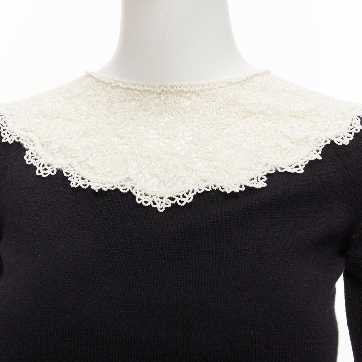 Valentino VALENTINO black cream beaded lace collar virgin wool cashmere crop sweater XS Size S / US 4 / IT 40 - 8 Thumbnail