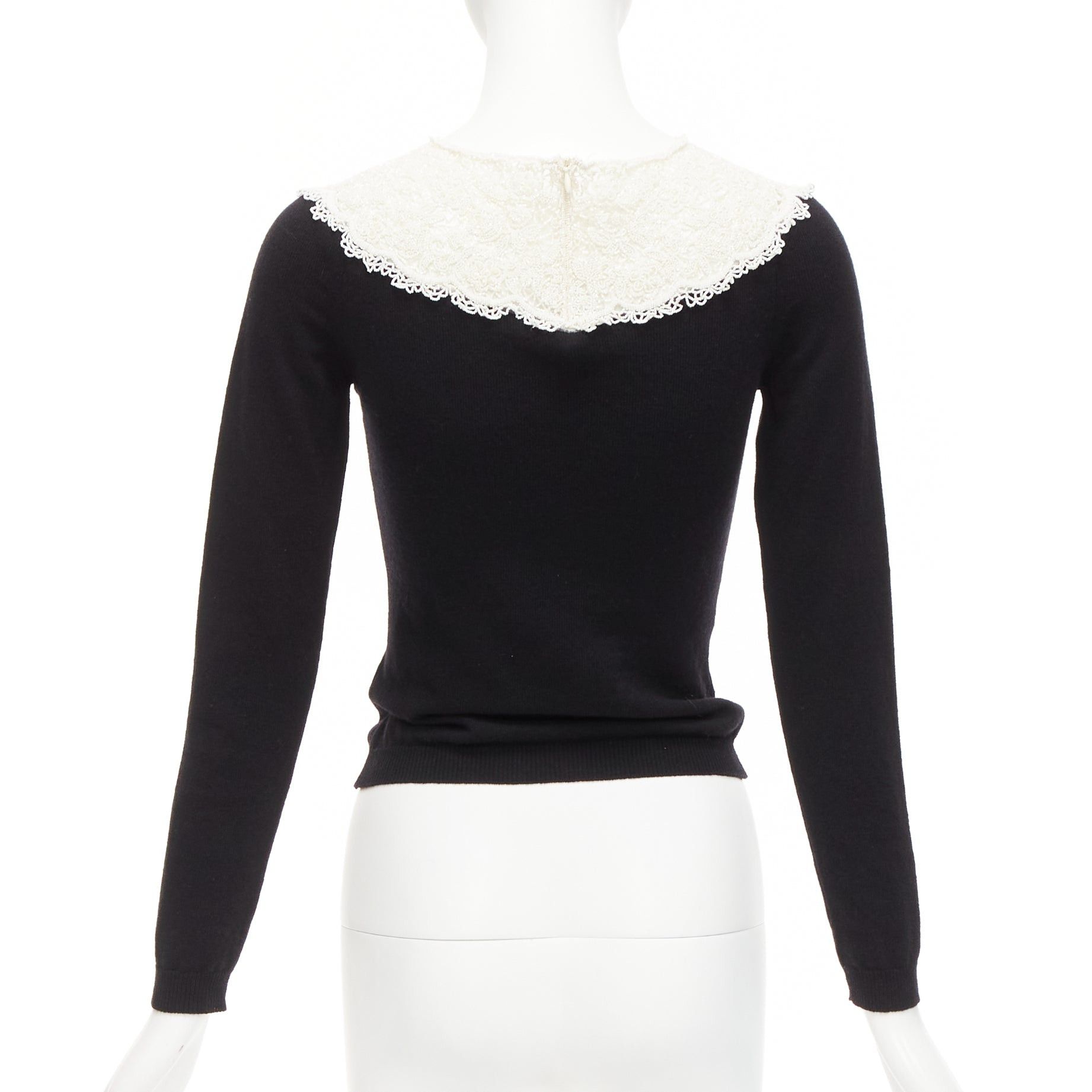 Valentino VALENTINO black cream beaded lace collar virgin wool cashmere crop sweater XS Size S / US 4 / IT 40 - 5 Thumbnail