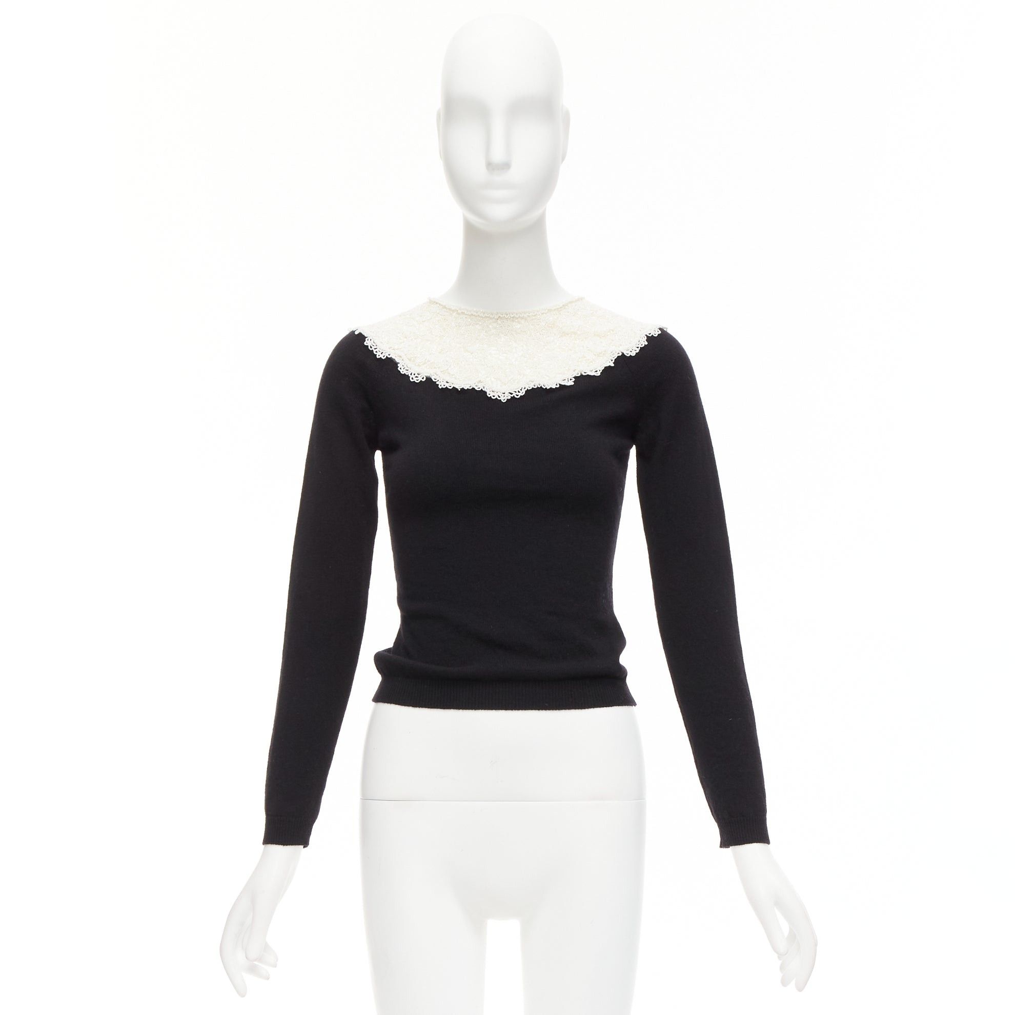 Valentino VALENTINO black cream beaded lace collar virgin wool cashmere crop sweater XS Size S / US 4 / IT 40 - 2 Thumbnail
