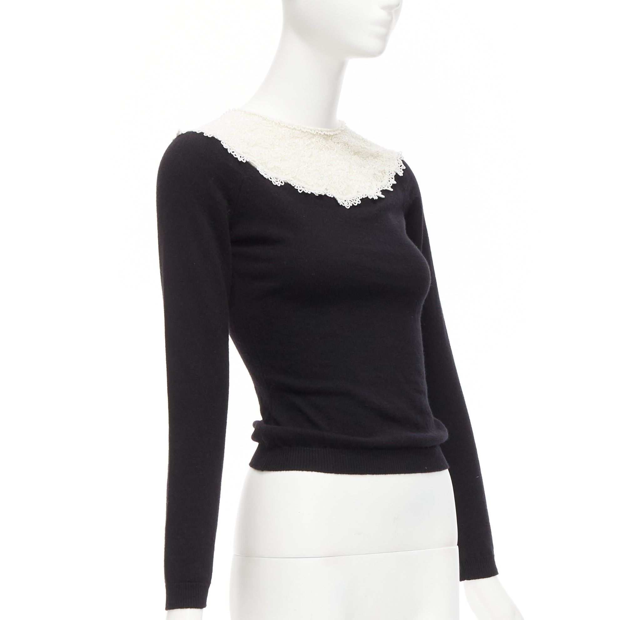 Valentino VALENTINO black cream beaded lace collar virgin wool cashmere crop sweater XS Size S / US 4 / IT 40 - 3 Thumbnail