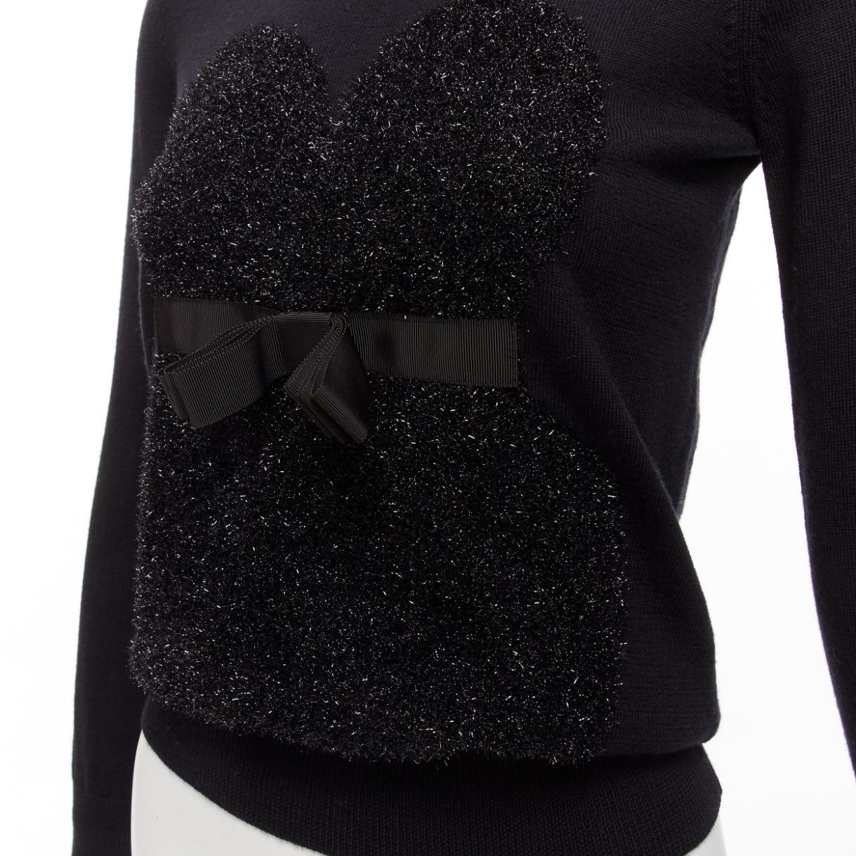 Markus Lupfer MARKUS LUPFER black merino wool blend tinsel bow corset intarsia sweater XS Size XS / US 0-2 / IT 36-38 - 2 Thumbnail
