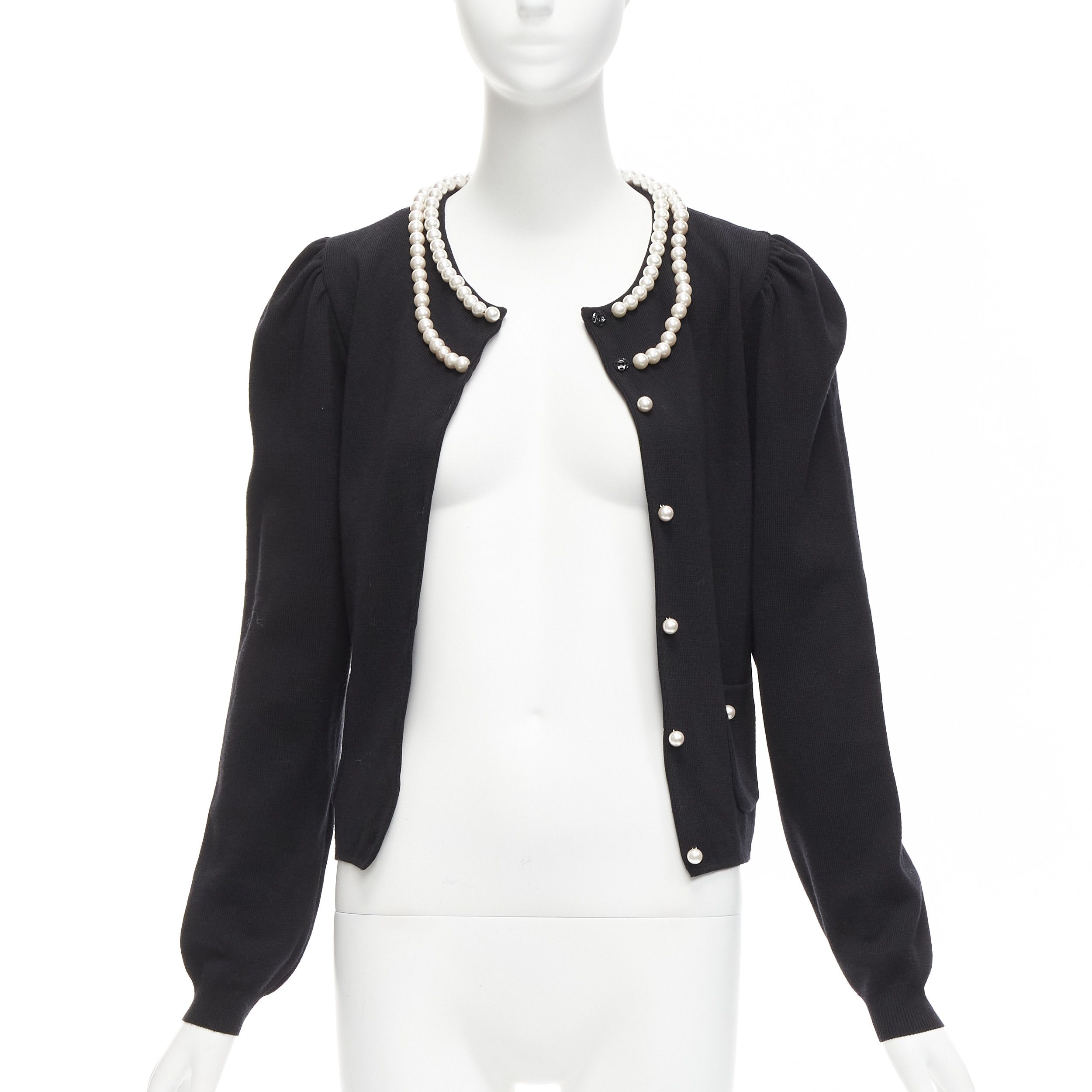 Moschino MOSCHINO pearl necklace collar black soft knit preppy cardigan IT40 S Size S / US 4 / IT 40 - 3 Thumbnail