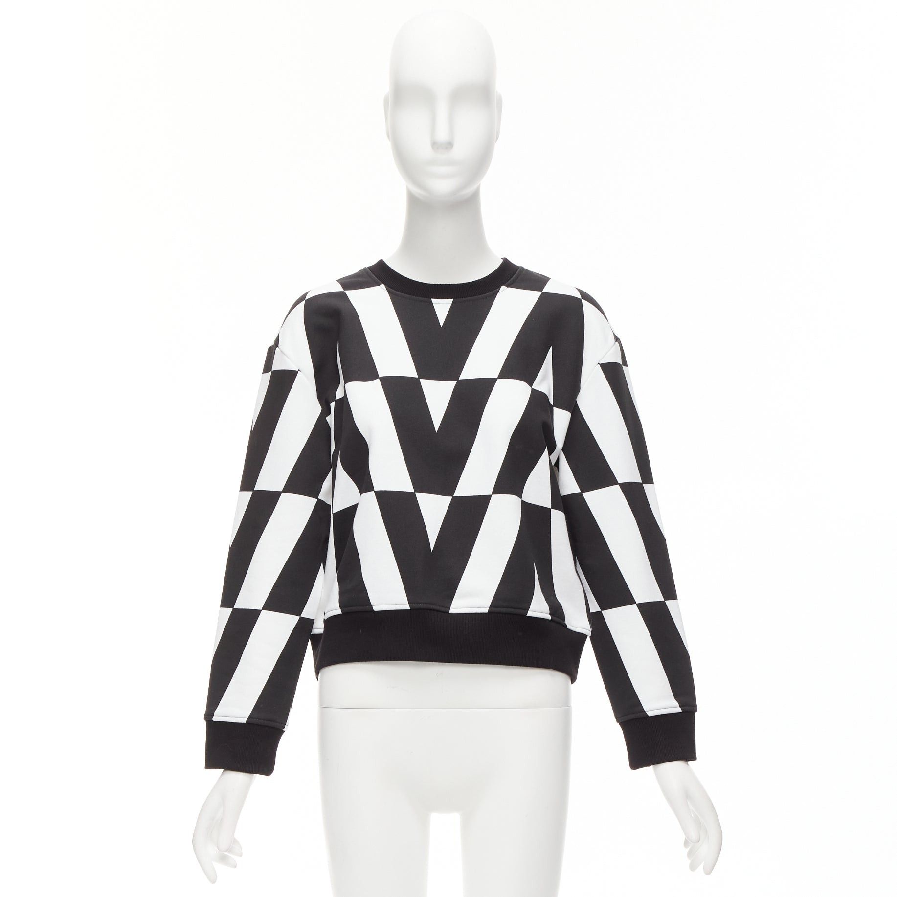 Valentino VALENTINO V LOGO black white optic graphic crew neck cropped sweater XS Size S / US 4 / IT 40 - 9 Thumbnail