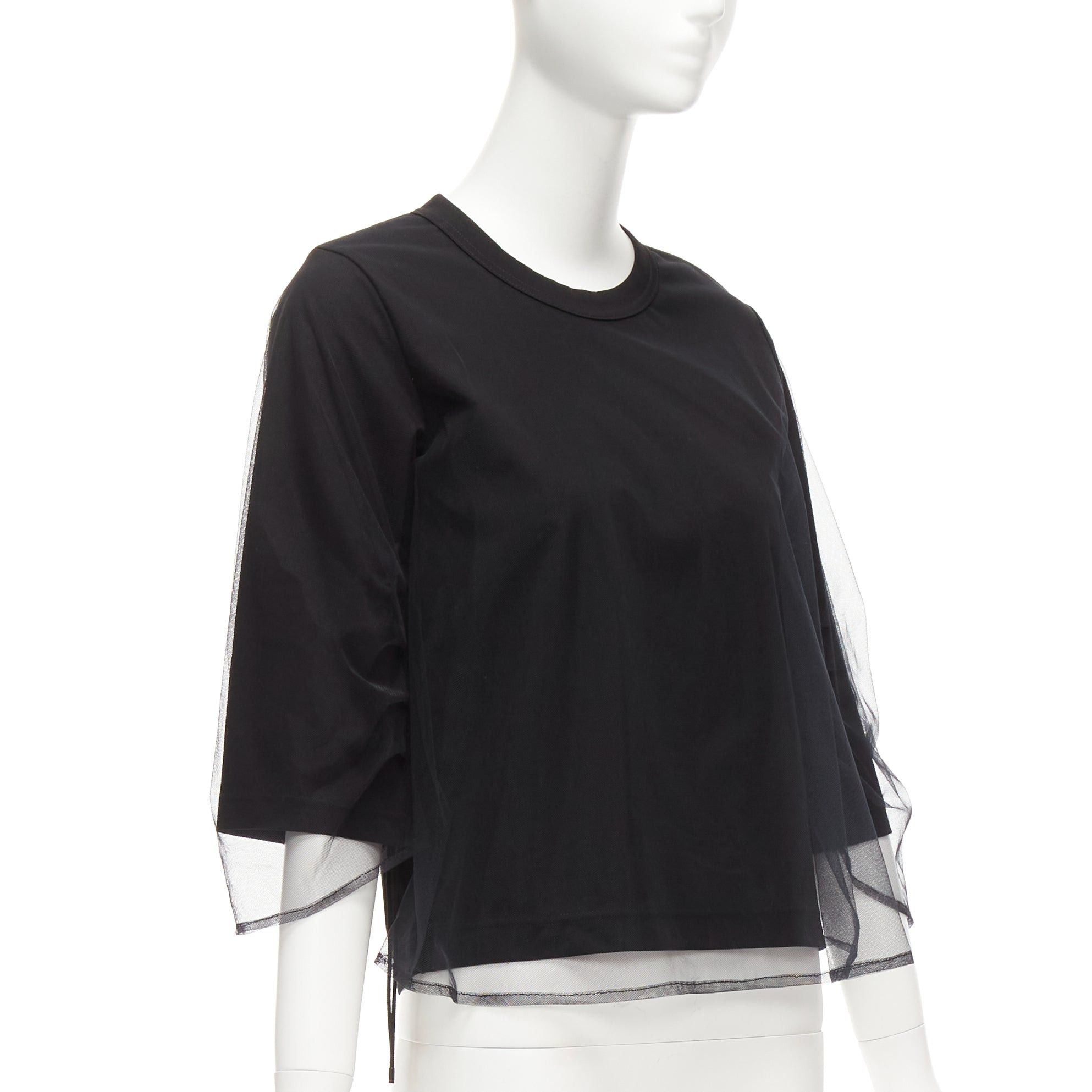 Noir Kei Ninomiya NOIR KEI NINOMIYA 2018 black cotton sheer tulle overlay ruched sleeves tshirt XS Size XS / US 0-2 / IT 36-38 - 3 Thumbnail