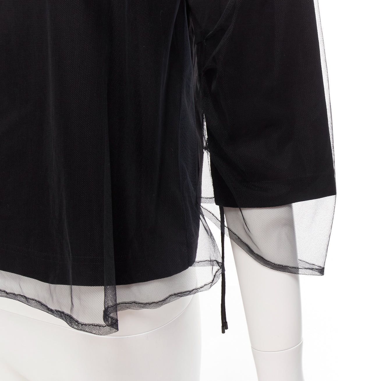 Noir Kei Ninomiya NOIR KEI NINOMIYA 2018 black cotton sheer tulle overlay ruched sleeves tshirt XS Size XS / US 0-2 / IT 36-38 - 2 Thumbnail