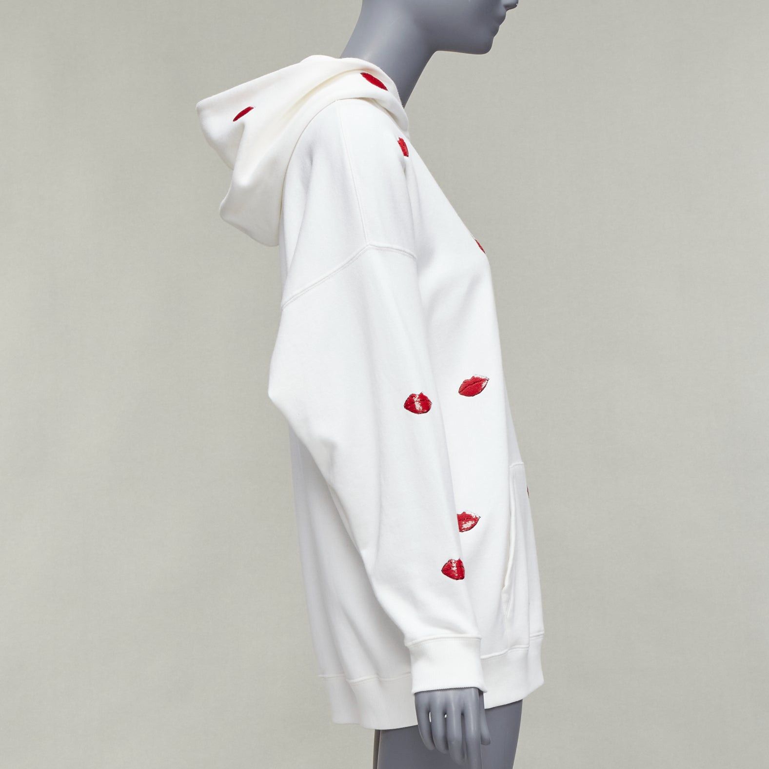 Valentino VALENTINO VLTN Le Rouge Kisses white red sequin lips embroidery oversized hoodie XXS Size XS / US 0-2 / IT 36-38 - 4 Thumbnail