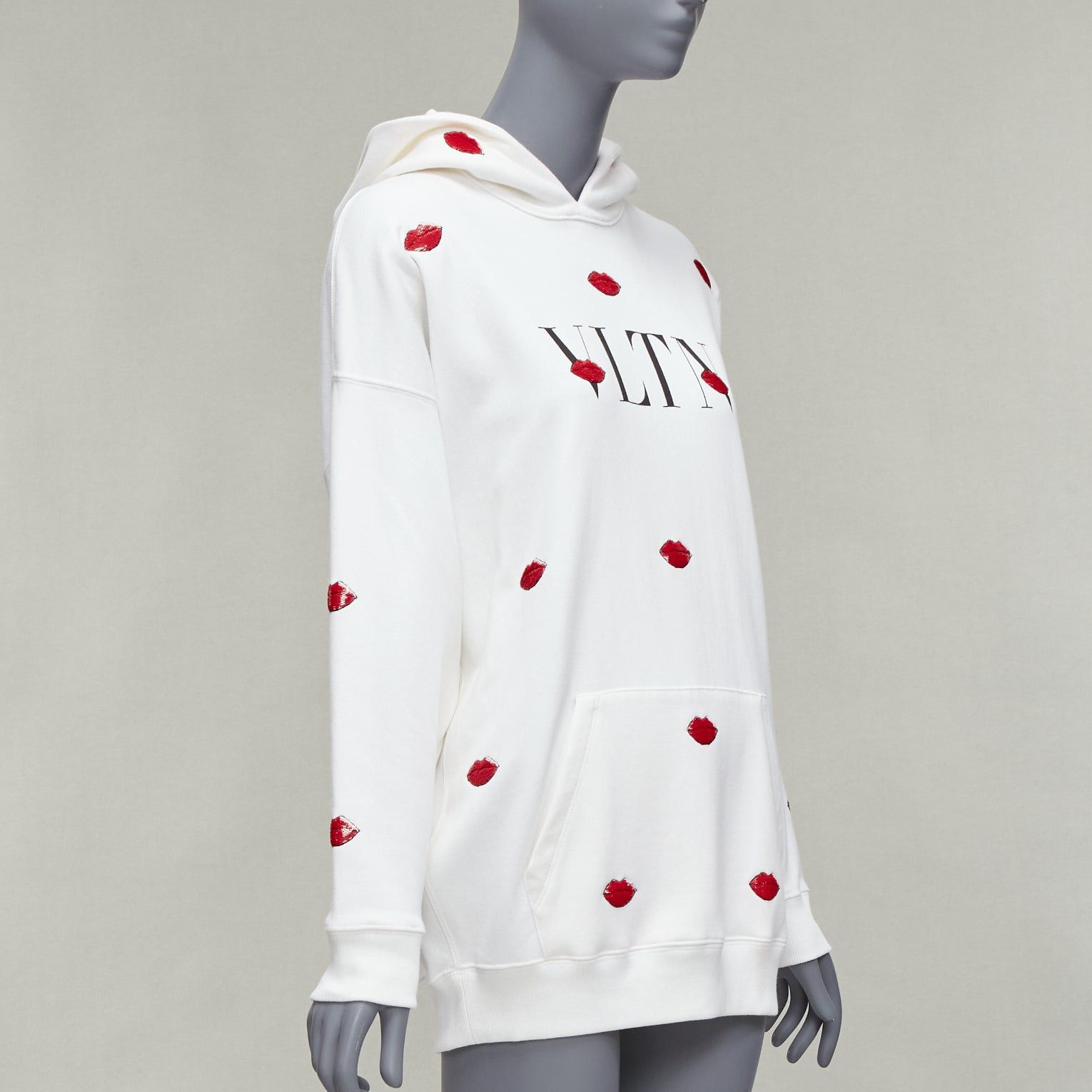 Valentino VALENTINO VLTN Le Rouge Kisses white red sequin lips embroidery oversized hoodie XXS Size XS / US 0-2 / IT 36-38 - 3 Thumbnail