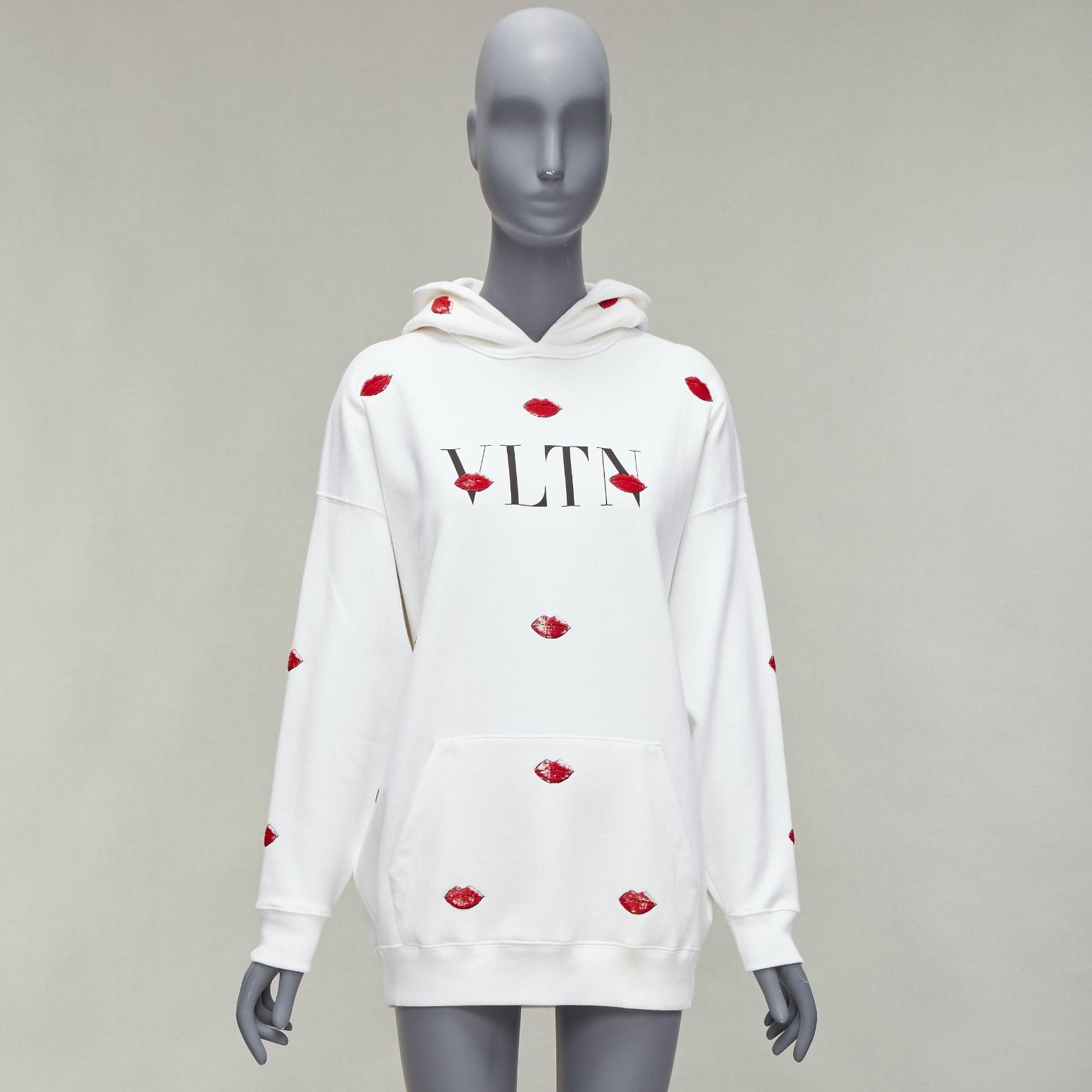 Valentino VALENTINO VLTN Le Rouge Kisses white red sequin lips embroidery oversized hoodie XXS Size XS / US 0-2 / IT 36-38 - 9 Thumbnail