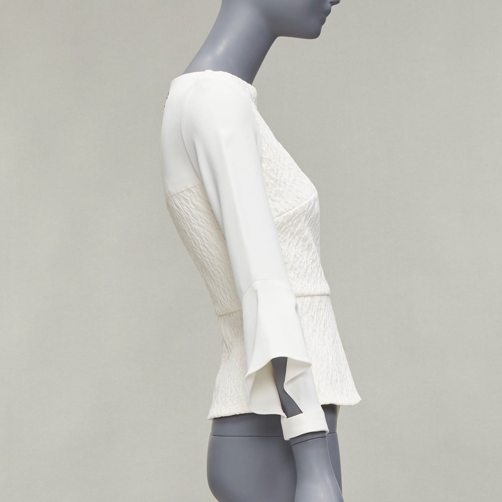 Roland Mouret ROLAND MOURET 2018 Richardson cream textured crepe ruffle cuff peplum top UK6 XS Size XS / US 0-2 / IT 36-38 - 4 Thumbnail