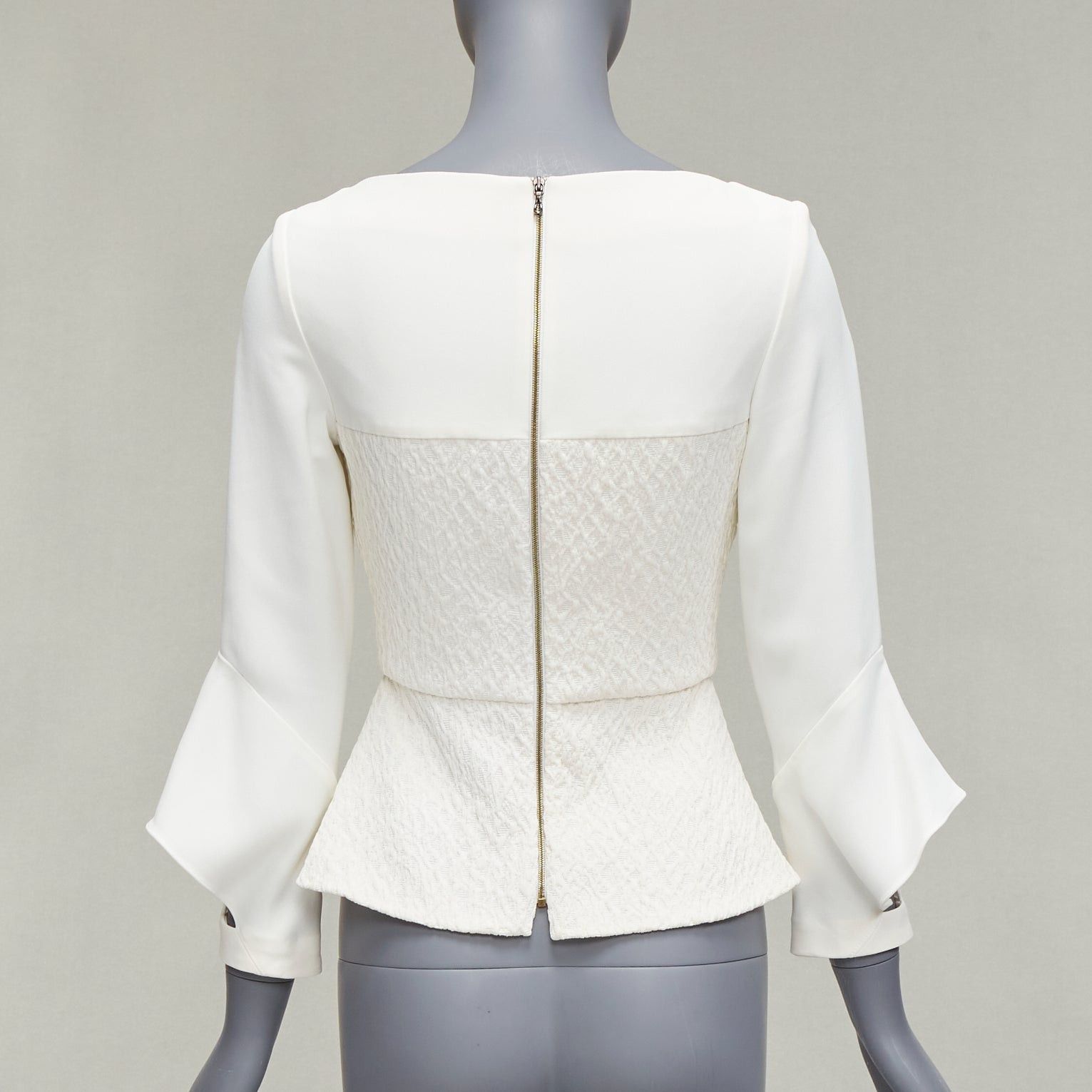 Roland Mouret ROLAND MOURET 2018 Richardson cream textured crepe ruffle cuff peplum top UK6 XS Size XS / US 0-2 / IT 36-38 - 5 Thumbnail