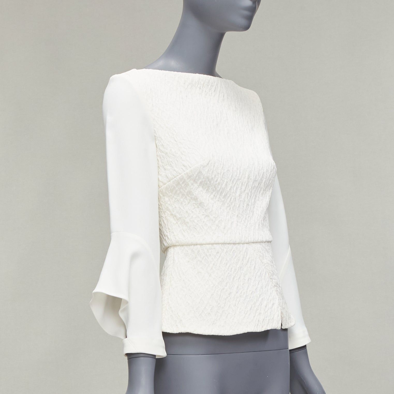 Roland Mouret ROLAND MOURET 2018 Richardson cream textured crepe ruffle cuff peplum top UK6 XS Size XS / US 0-2 / IT 36-38 - 3 Thumbnail