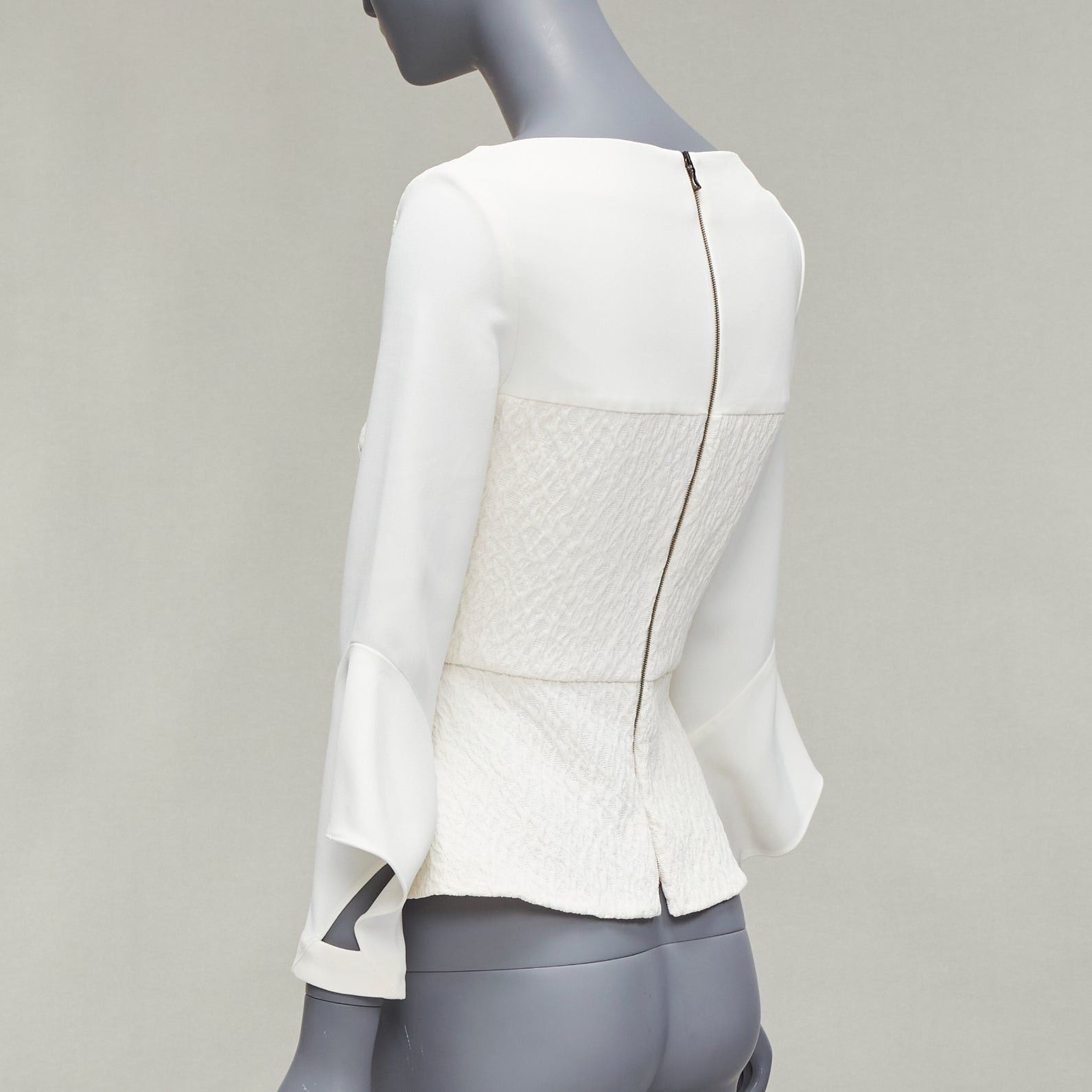 Roland Mouret ROLAND MOURET 2018 Richardson cream textured crepe ruffle cuff peplum top UK6 XS Size XS / US 0-2 / IT 36-38 - 6 Thumbnail