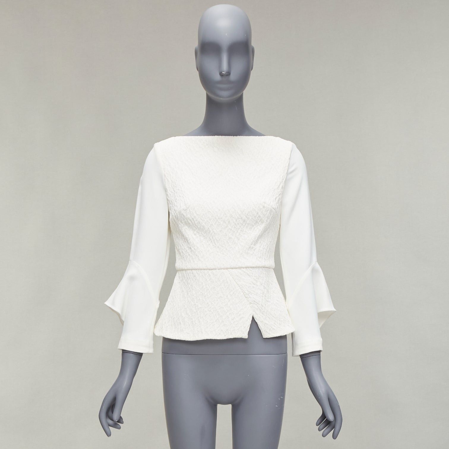 Roland Mouret ROLAND MOURET 2018 Richardson cream textured crepe ruffle cuff peplum top UK6 XS Size XS / US 0-2 / IT 36-38 - 10 Thumbnail