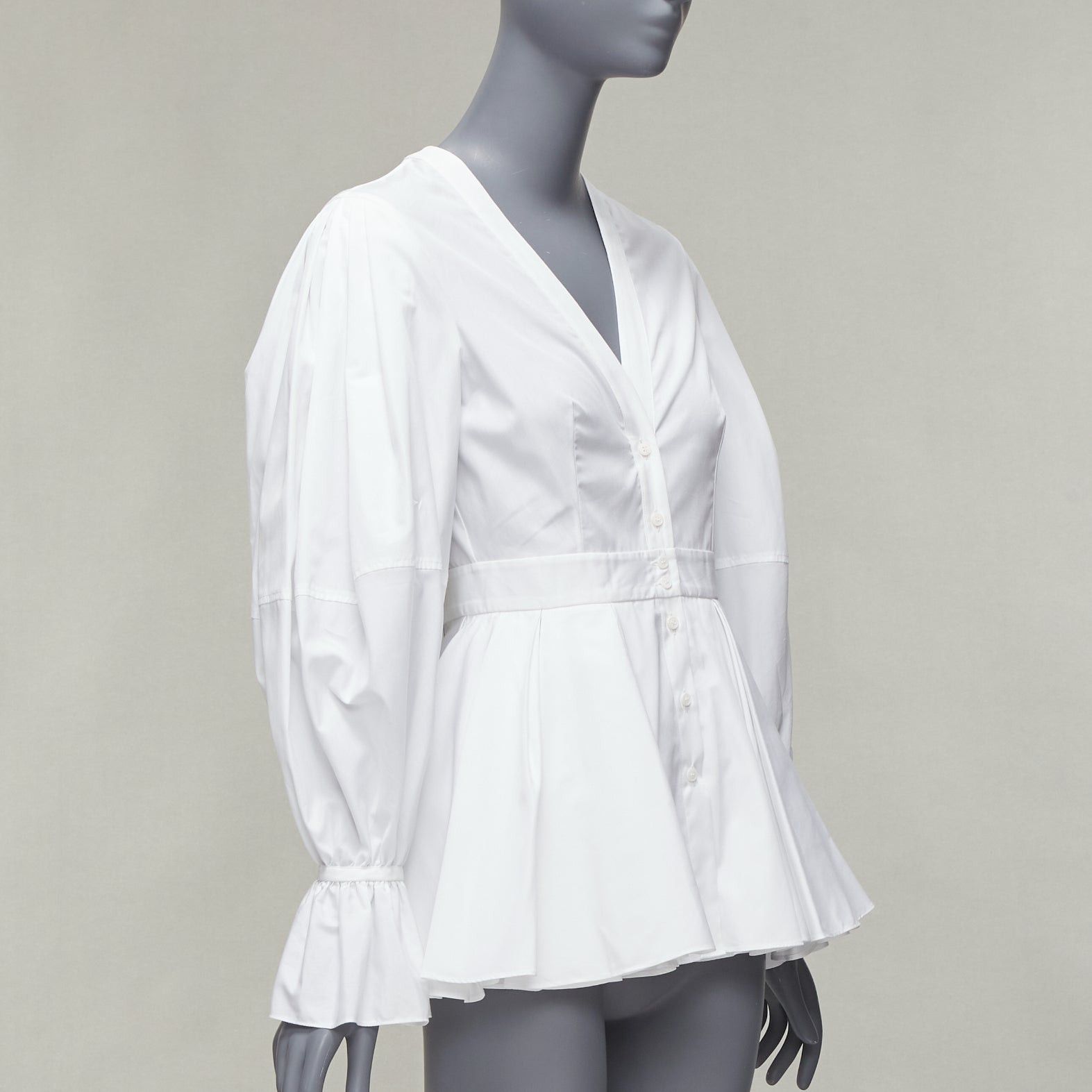 Alexander McQueen ALEXANDER MCQUEEN white cotton V-neck balloon sleeve peplum dress shirt IT38 XS Size XS / US 0-2 / IT 36-38 - 3 Thumbnail