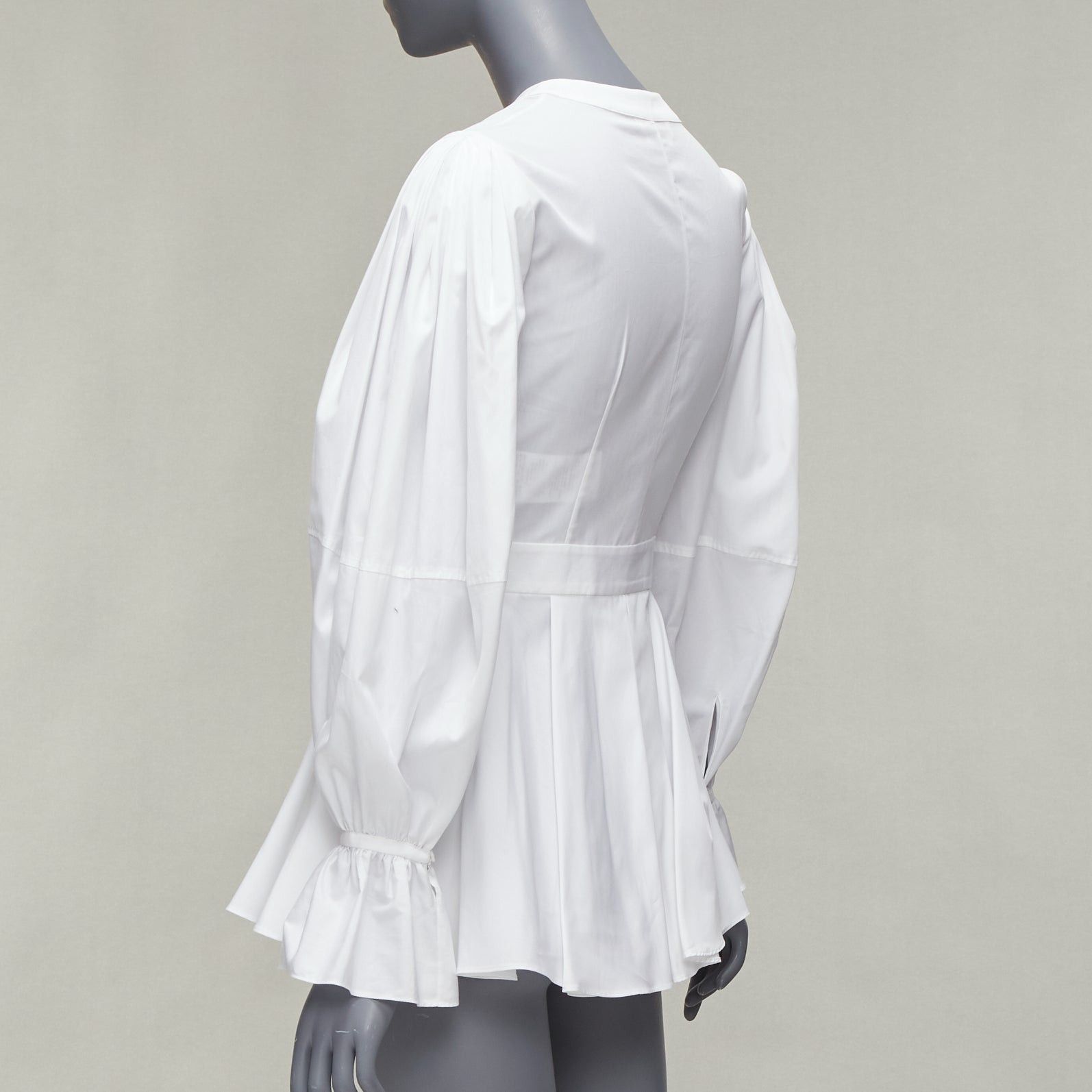 Alexander McQueen ALEXANDER MCQUEEN white cotton V-neck balloon sleeve peplum dress shirt IT38 XS Size XS / US 0-2 / IT 36-38 - 6 Thumbnail