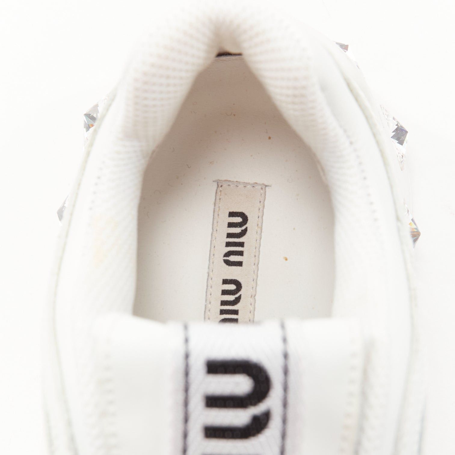 Miu Miu MIU MIU white leather logo tongue clear big crystal heels chunky sneakers EU38 Size US 8 / IT 38 - 9 Thumbnail