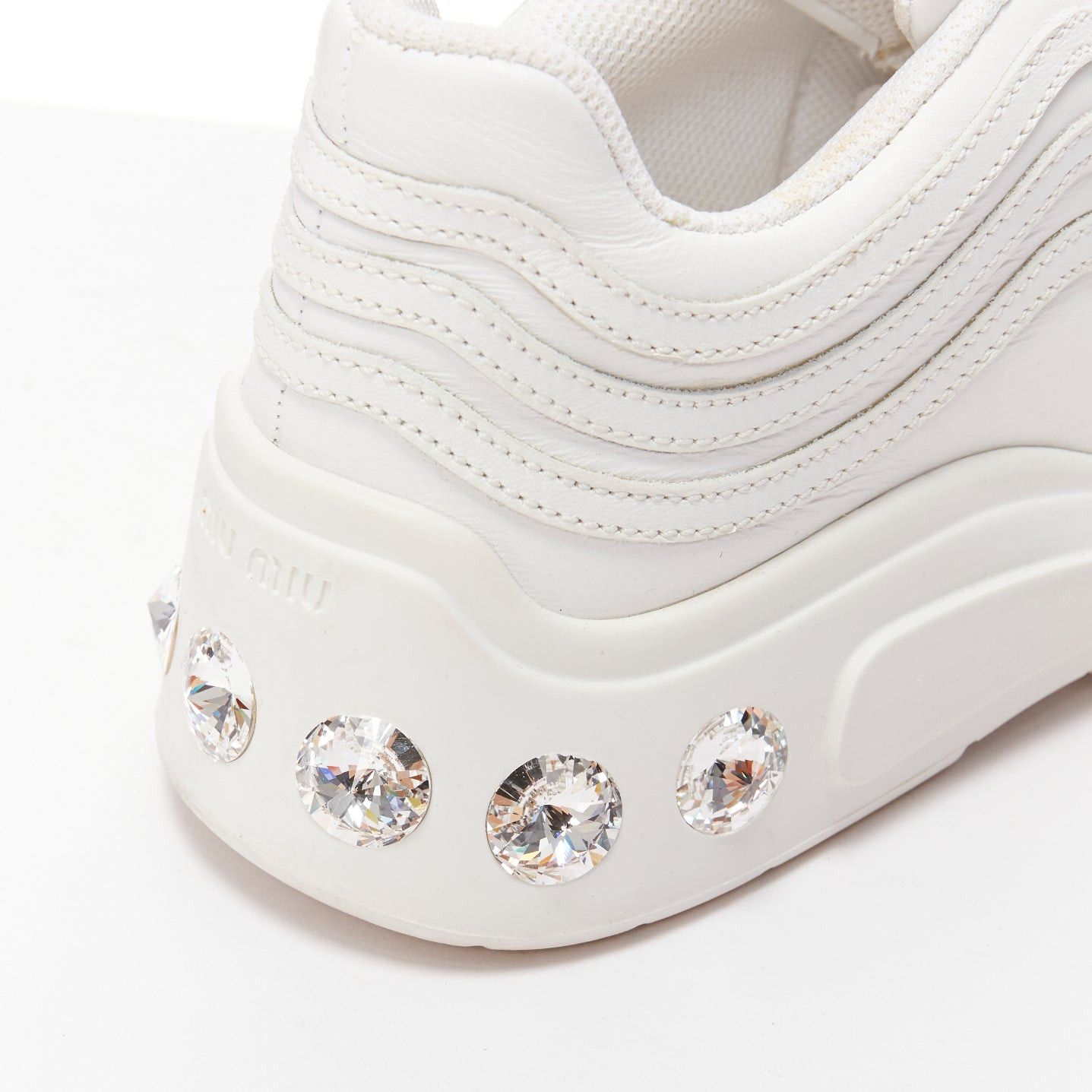 Miu Miu MIU MIU white leather logo tongue clear big crystal heels chunky sneakers EU38 Size US 8 / IT 38 - 8 Thumbnail