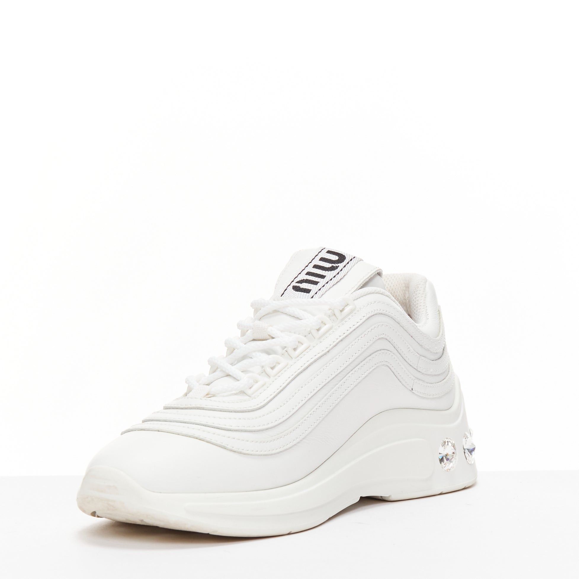Miu Miu MIU MIU white leather logo tongue clear big crystal heels chunky sneakers EU38 Size US 8 / IT 38 - 5 Thumbnail