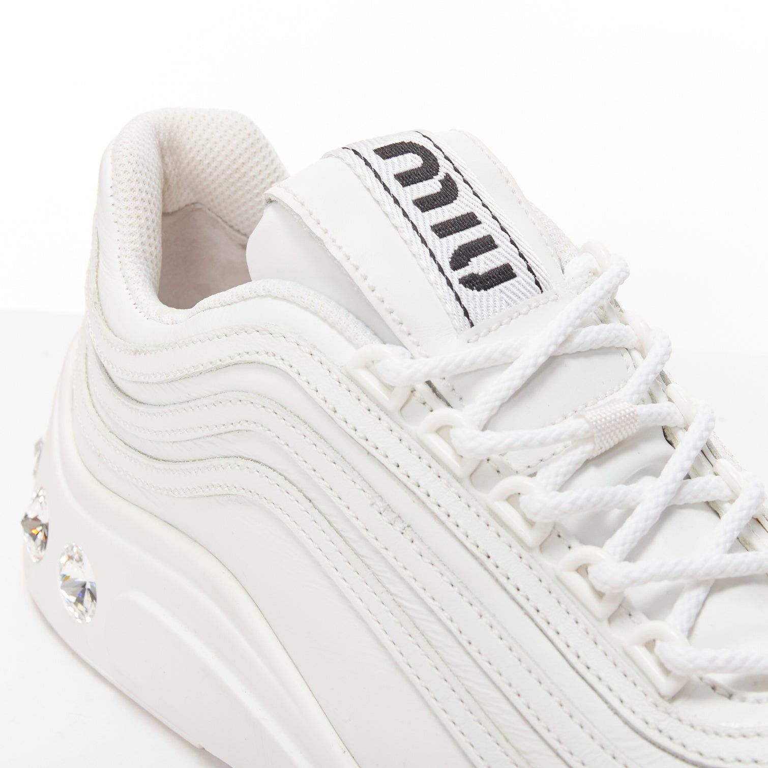 Miu Miu MIU MIU white leather logo tongue clear big crystal heels chunky sneakers EU38 Size US 8 / IT 38 - 2 Thumbnail